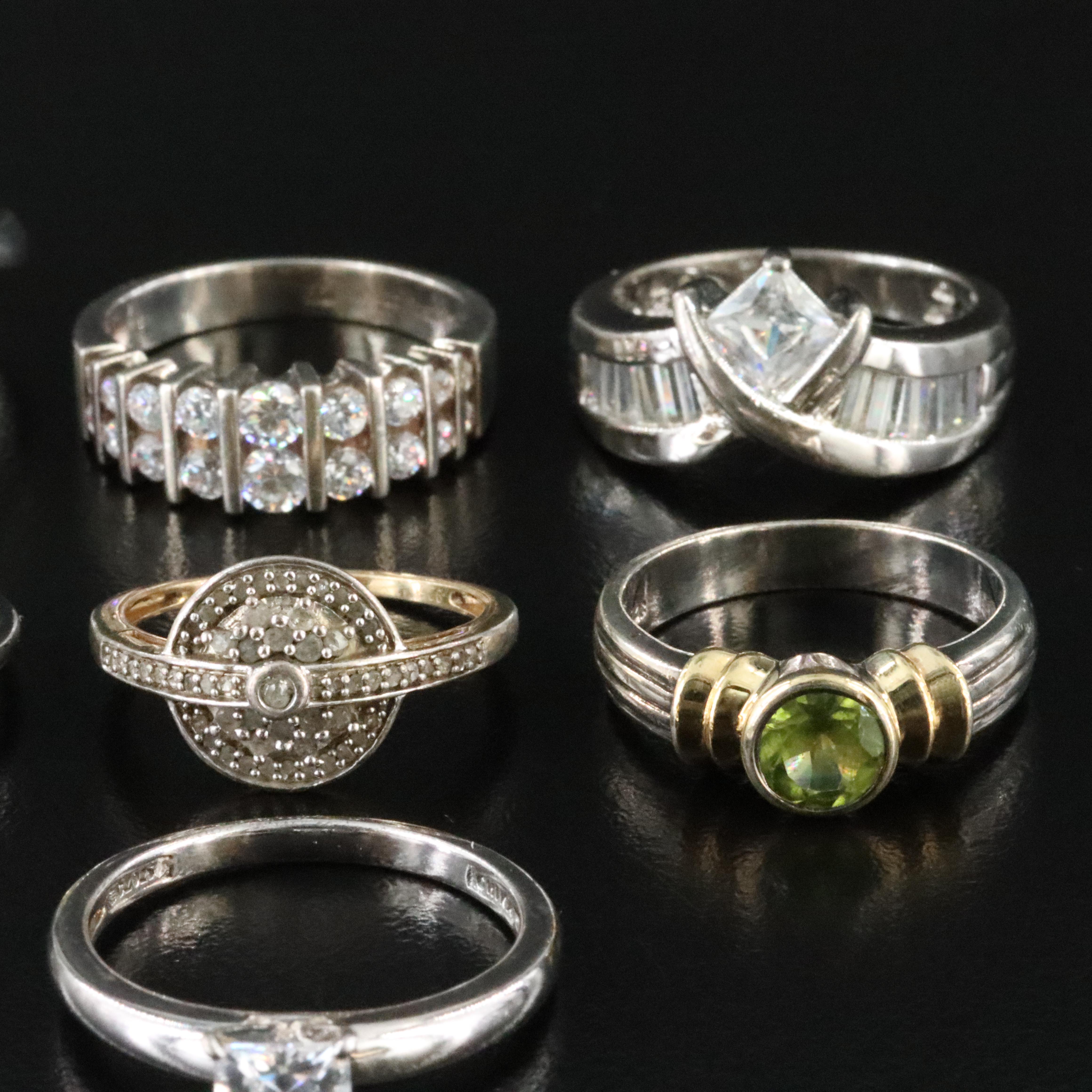 Collection of Sterling Rings with Peridot, Diamond and CZ