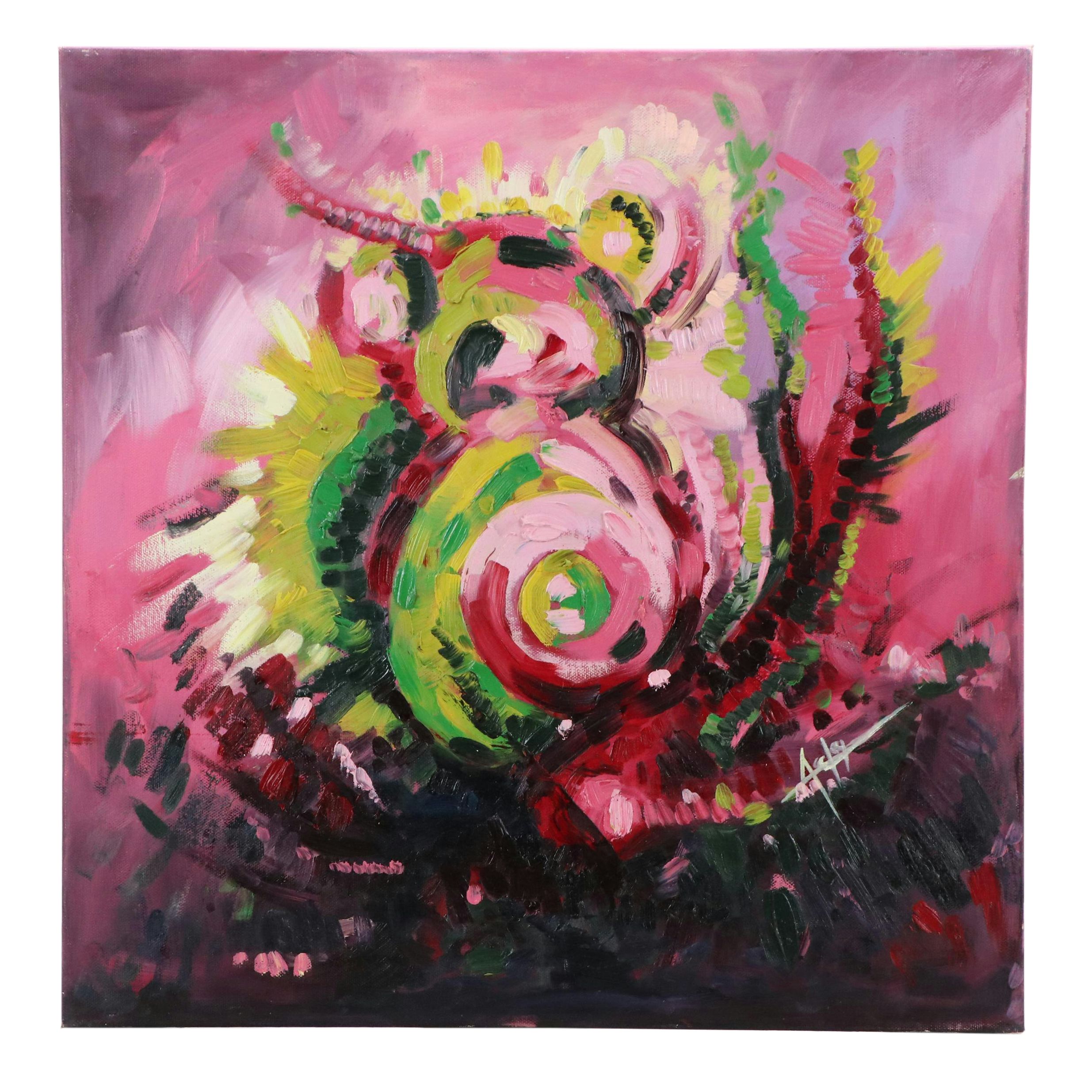 Adedotun Adesida Abstract Acrylic Painting in Pink and Green, 21st Century