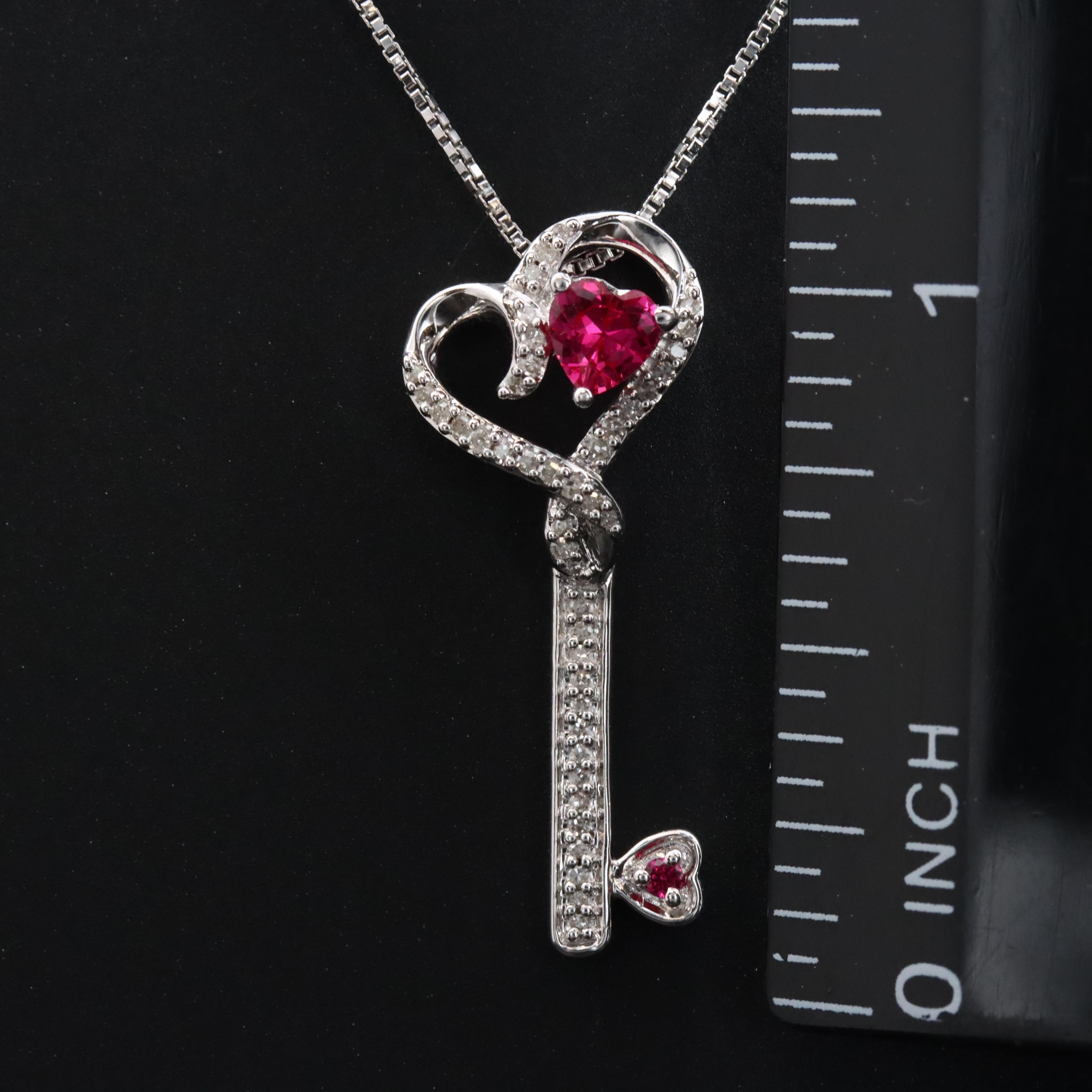 Sterling Diamond and Ruby Heart Key Pendant Necklace
