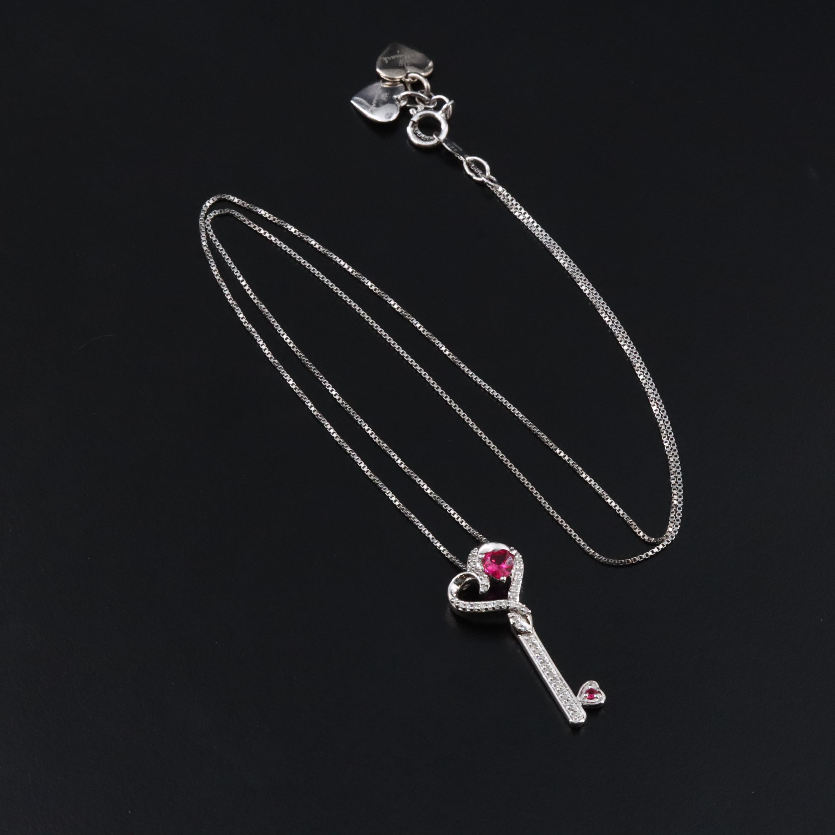 Sterling Diamond and Ruby Heart Key Pendant Necklace