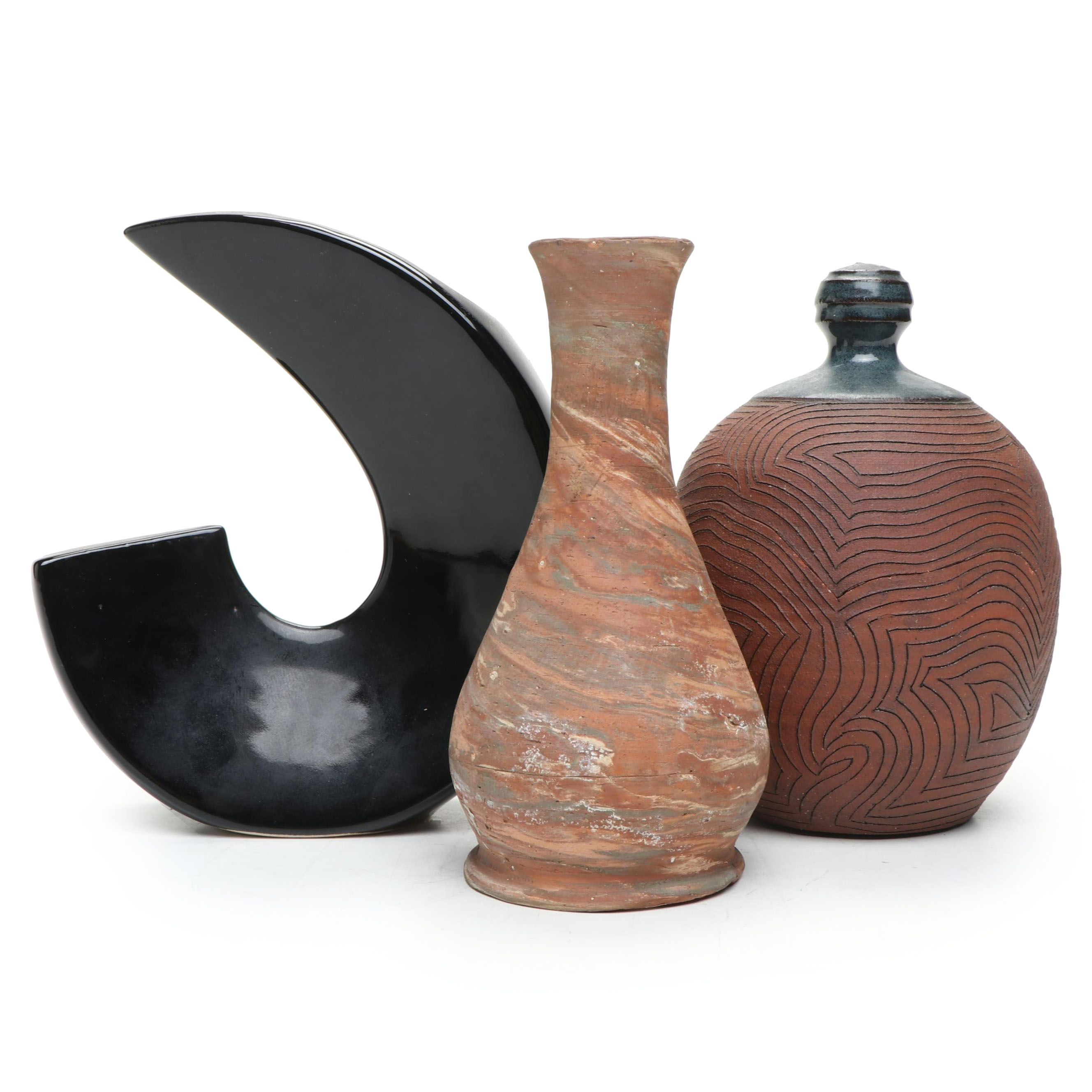 Japanese Black Ikebana Vase with Art Pottery Vase and Bottle Jar