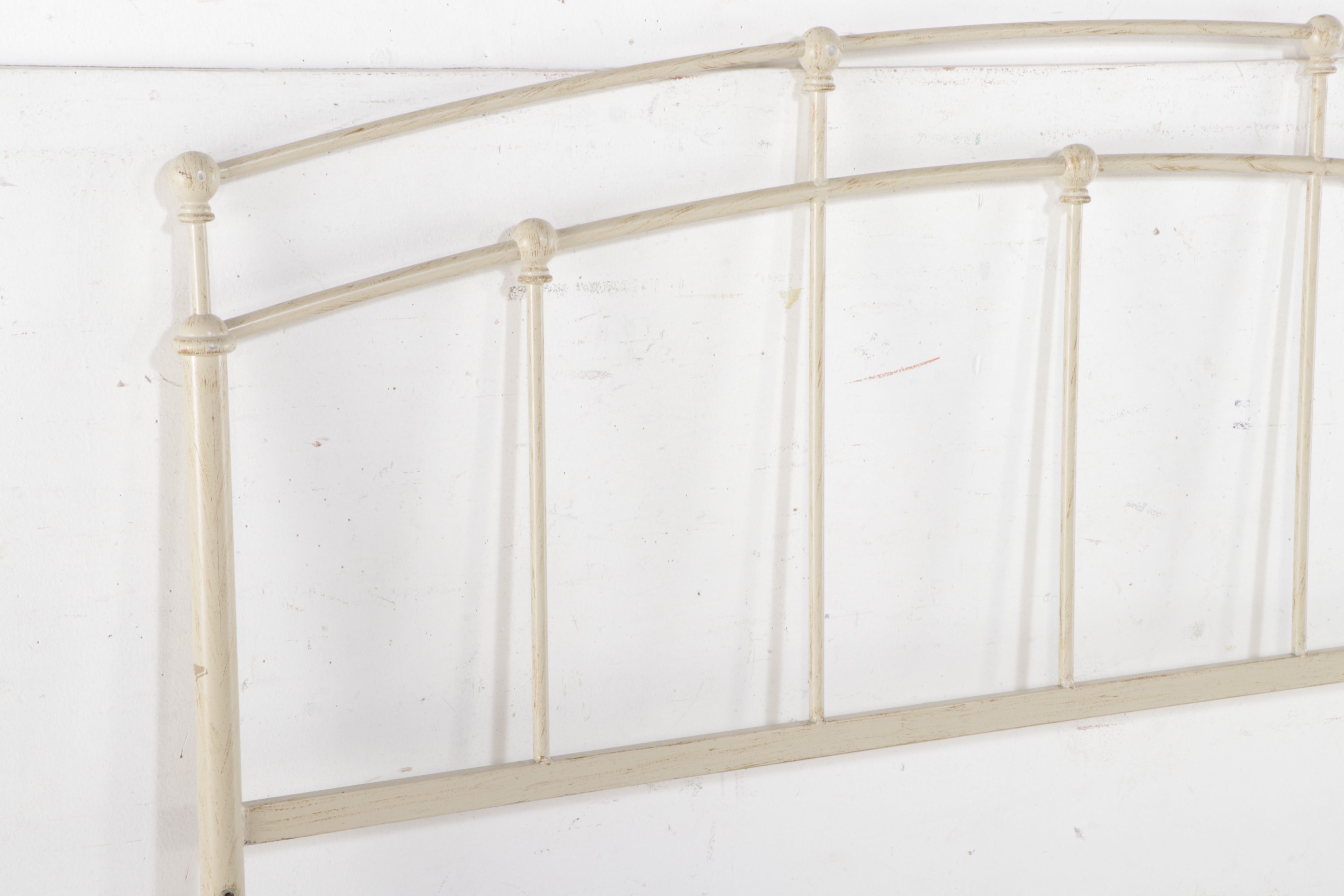 Distressed Cream Painted Wrought Metal Headboard with Metal Frame