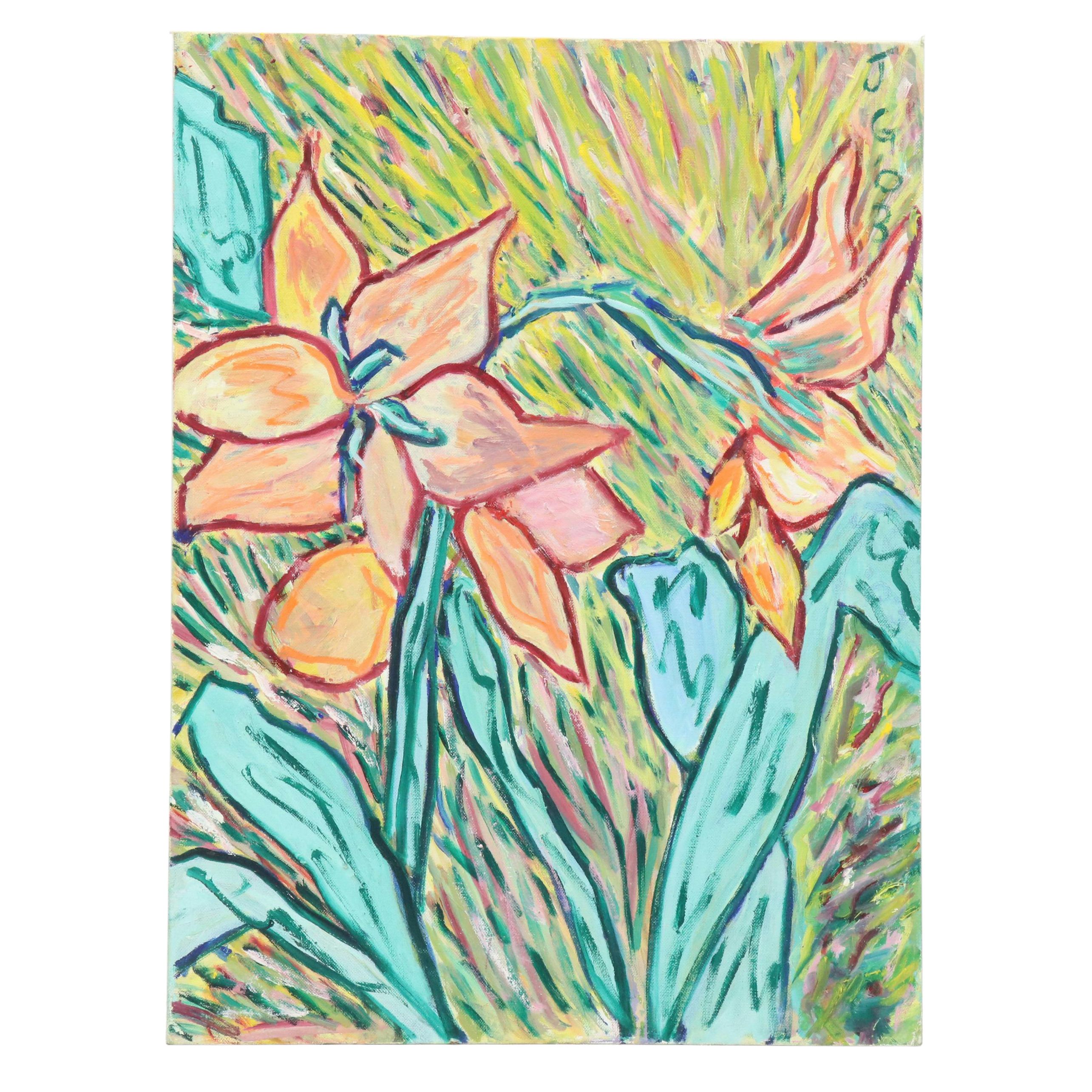 Janice Guttman Stylized Floral Acrylic Painting, 2003