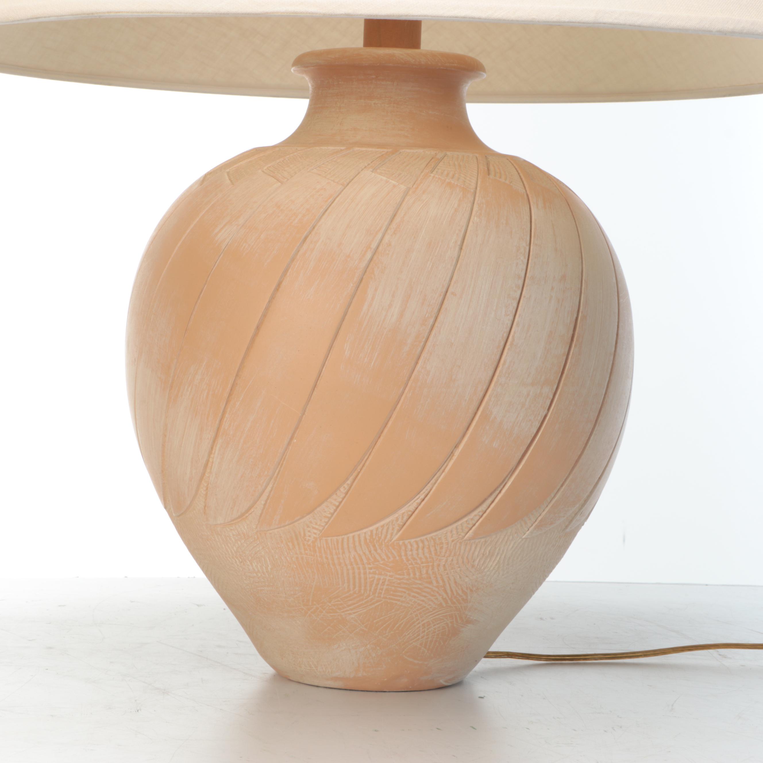 Chalkware Pottery Table Lamp with Cotton Coolie Shade, Late 20th Century