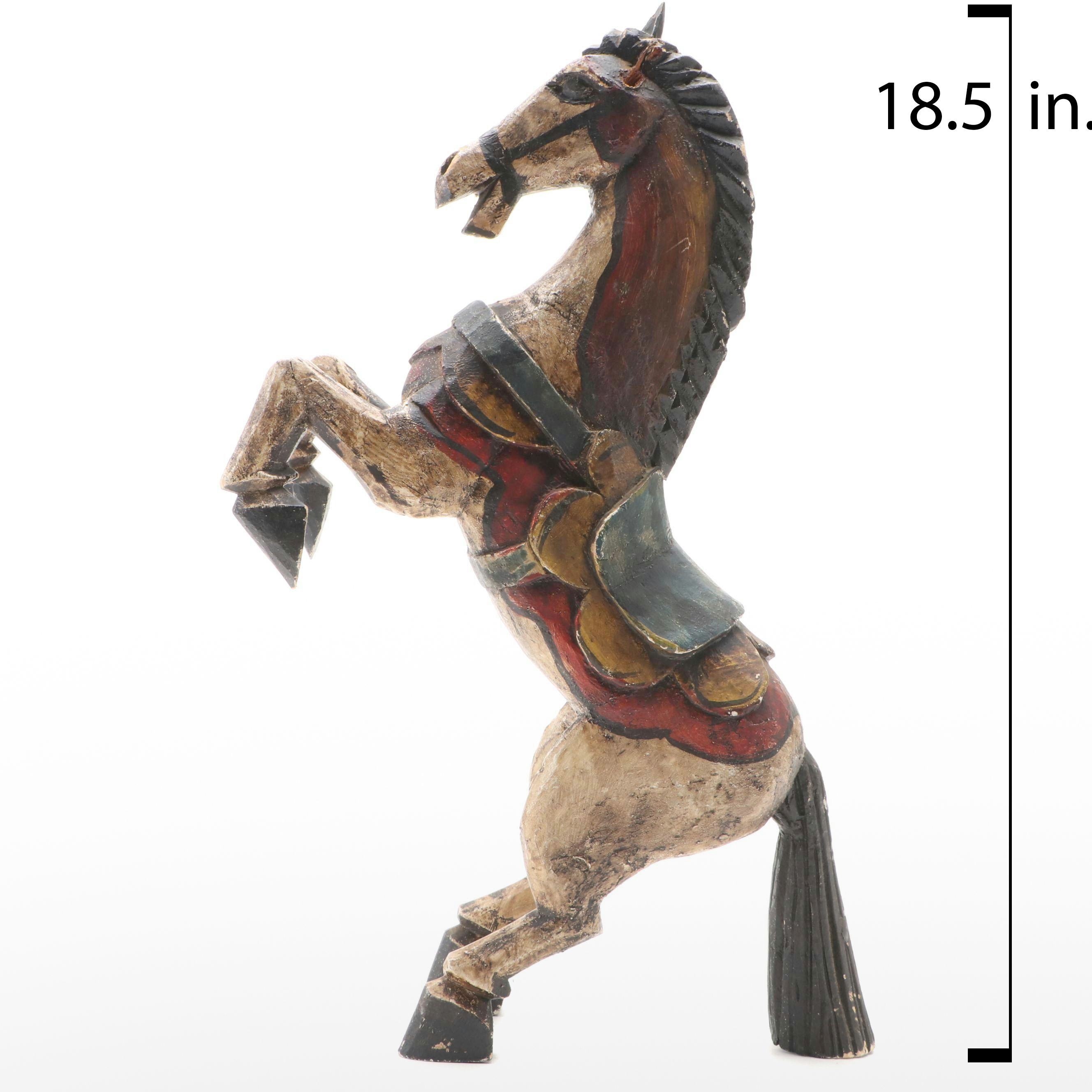 Mexican Style Hand-Carved and Polychrome Wood Rearing Horse