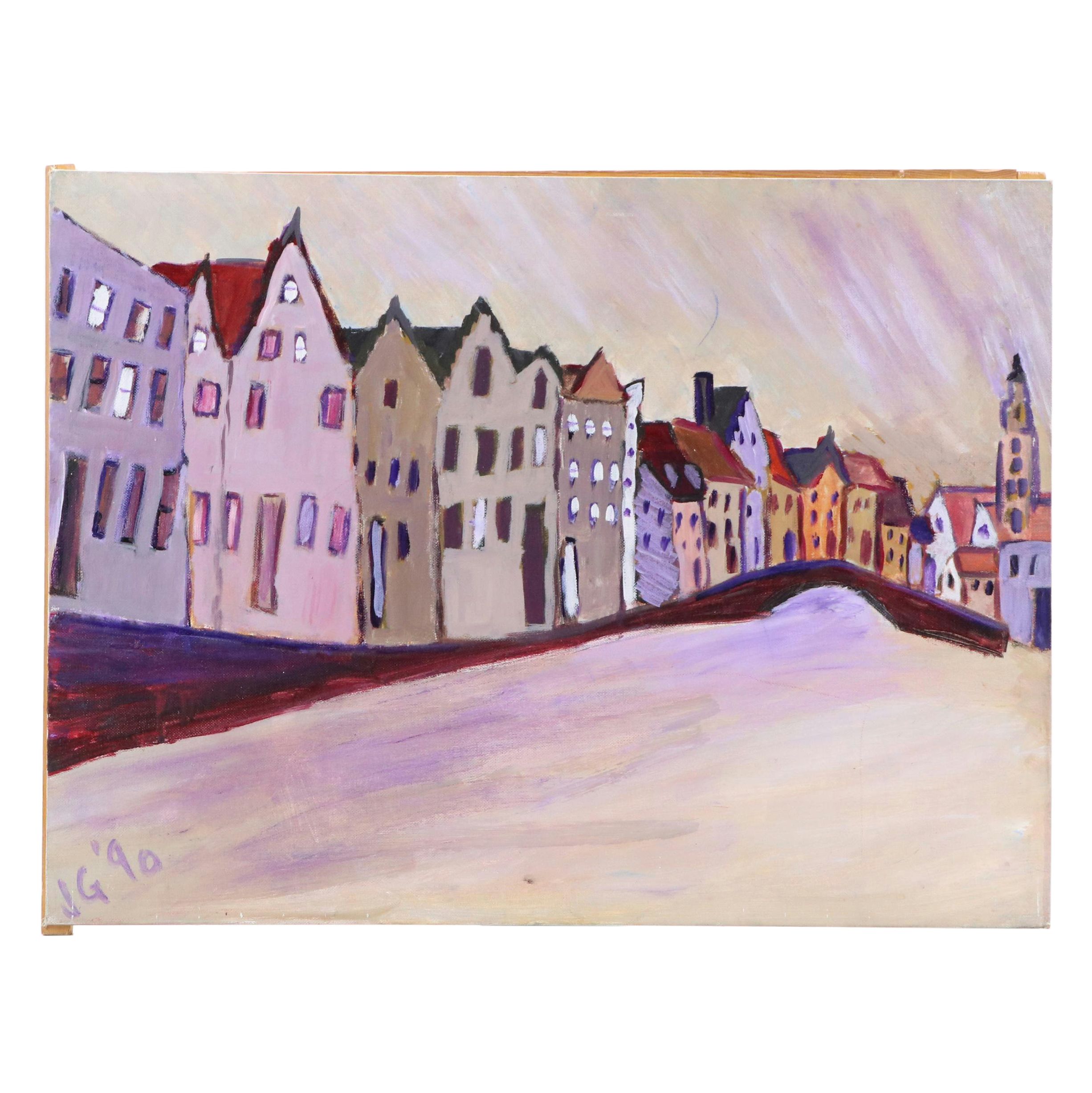 Janice Guttman Acrylic Painting "View from a Canal..." 1990