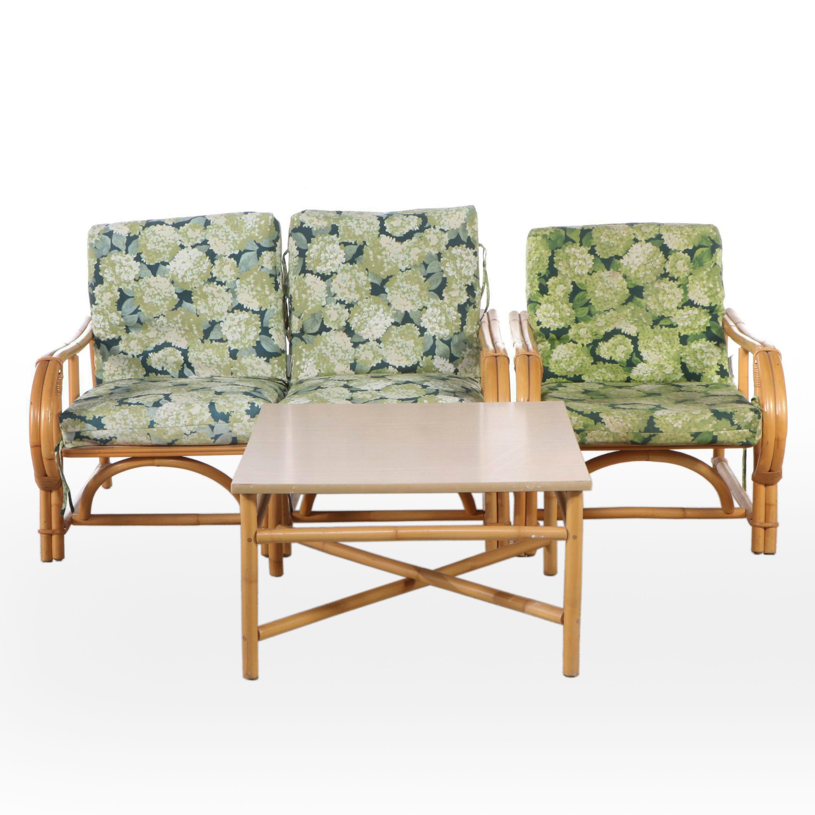 Ficks Reed Co. Bamboo Armchair, Coffee Table and Sectional Loveseat