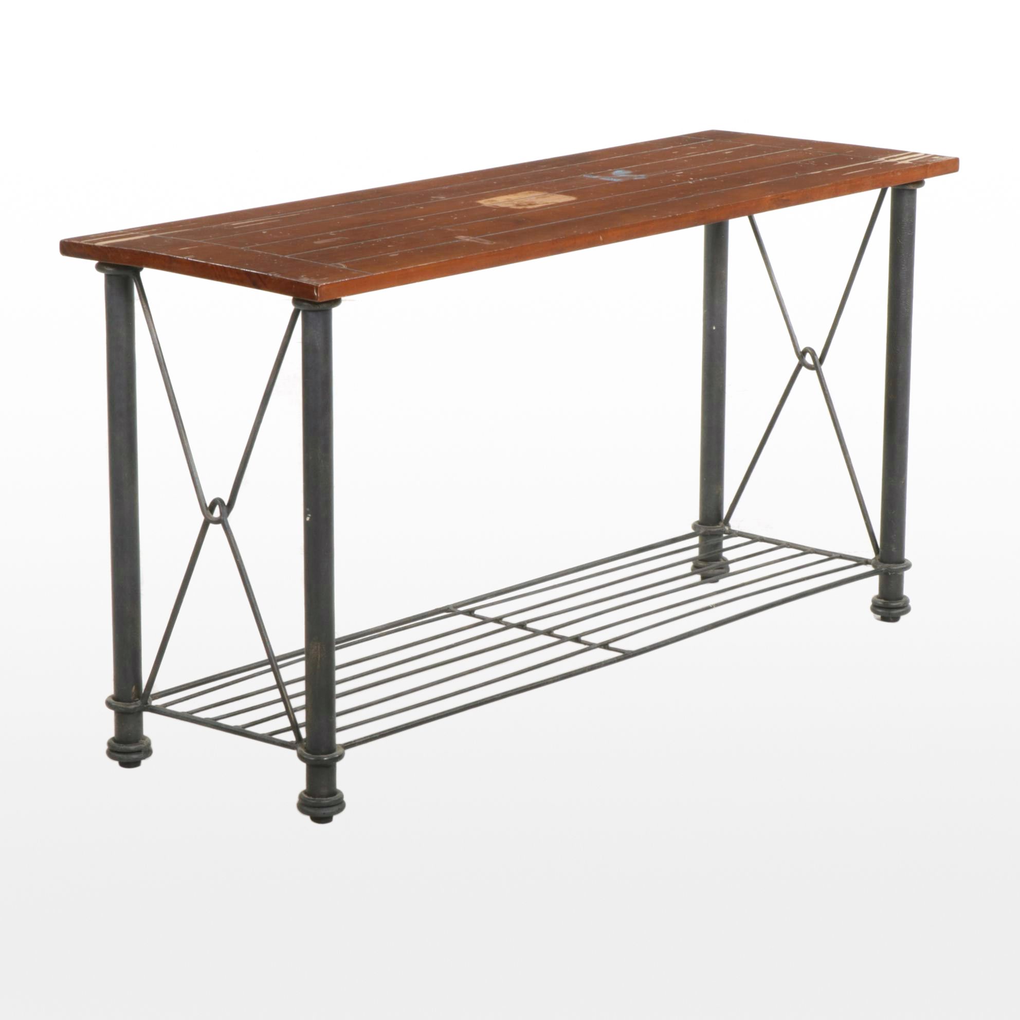 Wrought Iron Console Table with Wood Tabletop, Late 20th Century