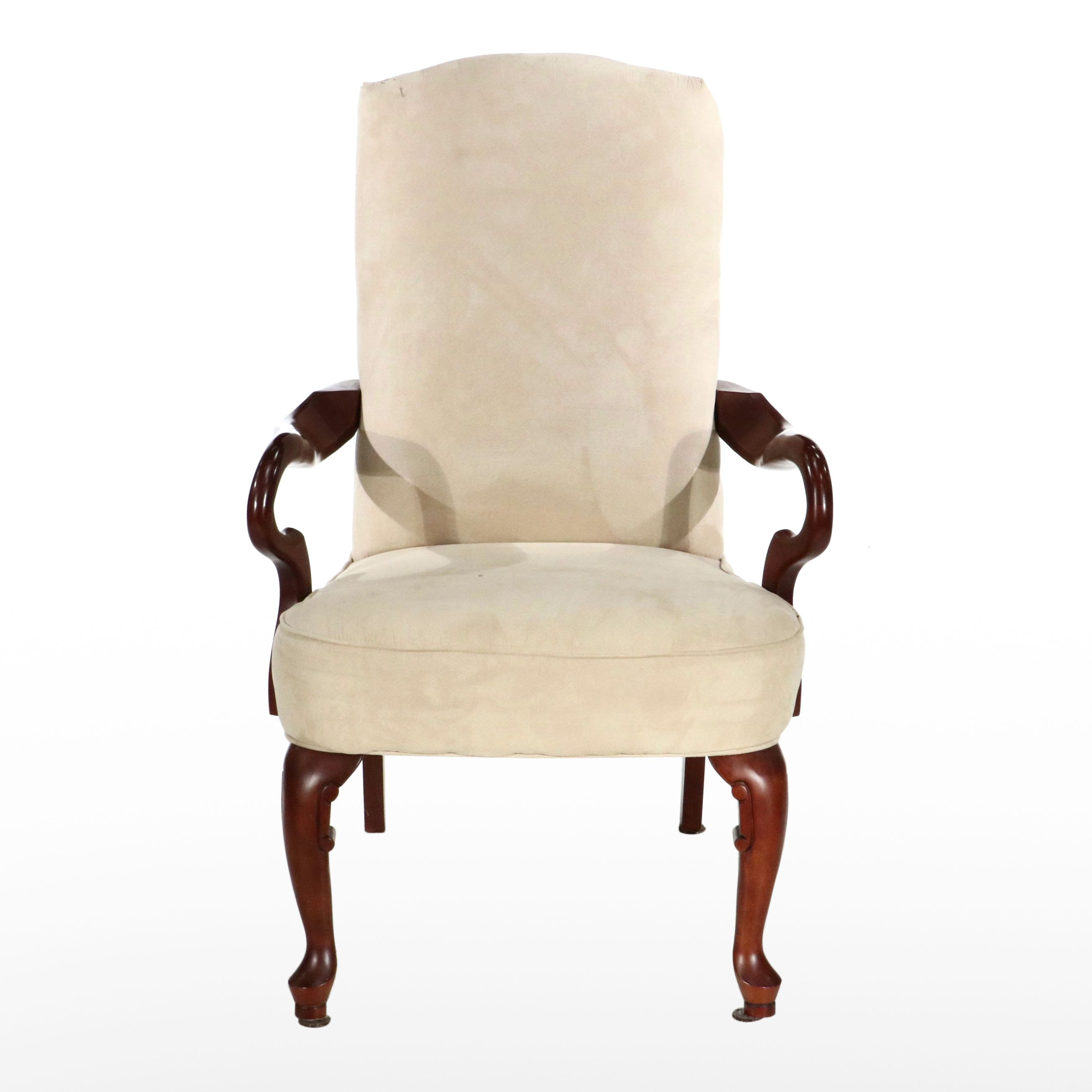 Queen Anne Style Upholstered Mahogany Armchair