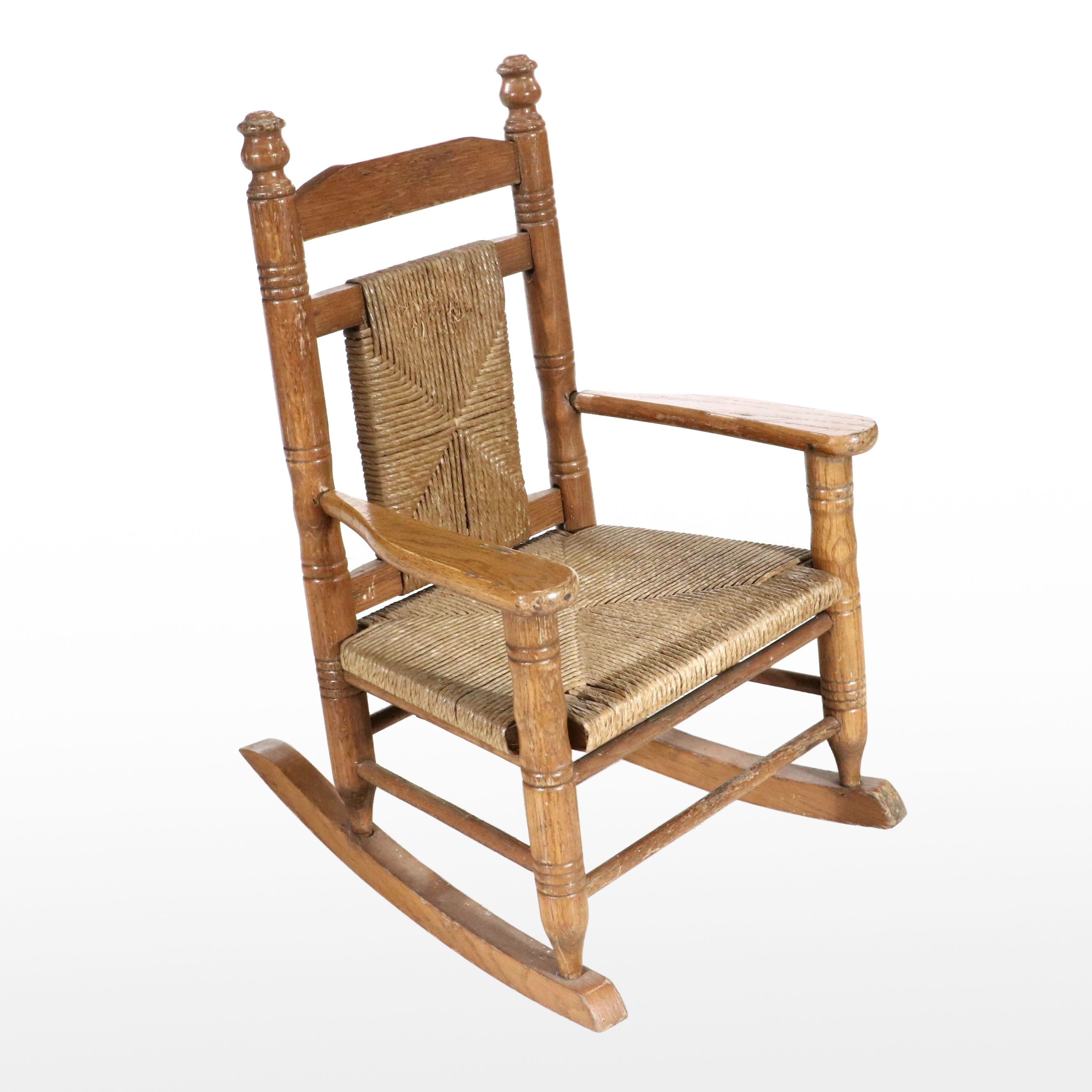 Children's Oak Rocking Chair with Woven Back and Seat, 20th Century