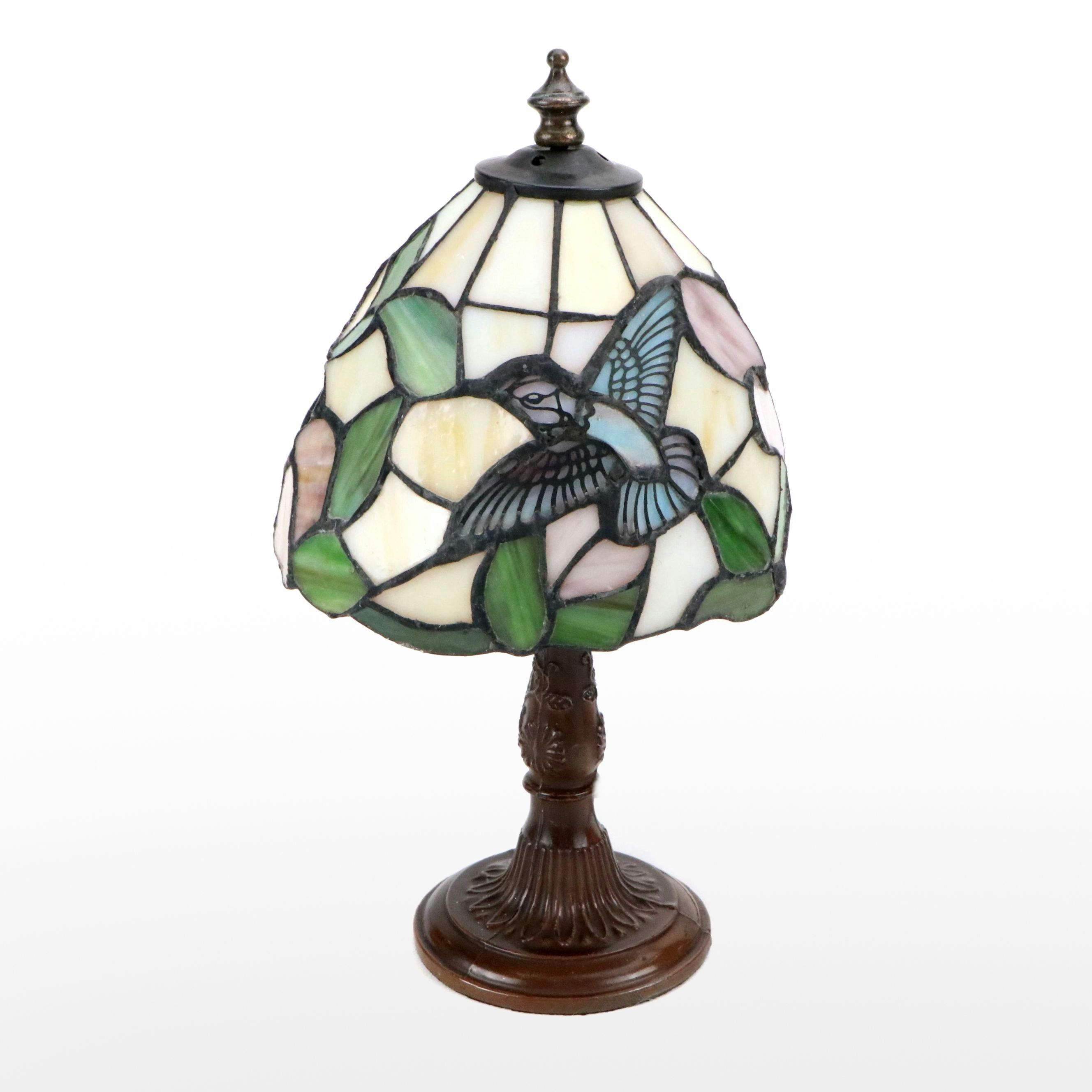 Art Nouveau Style  Accent Lamp with Hummingbird Floral Glass Shade