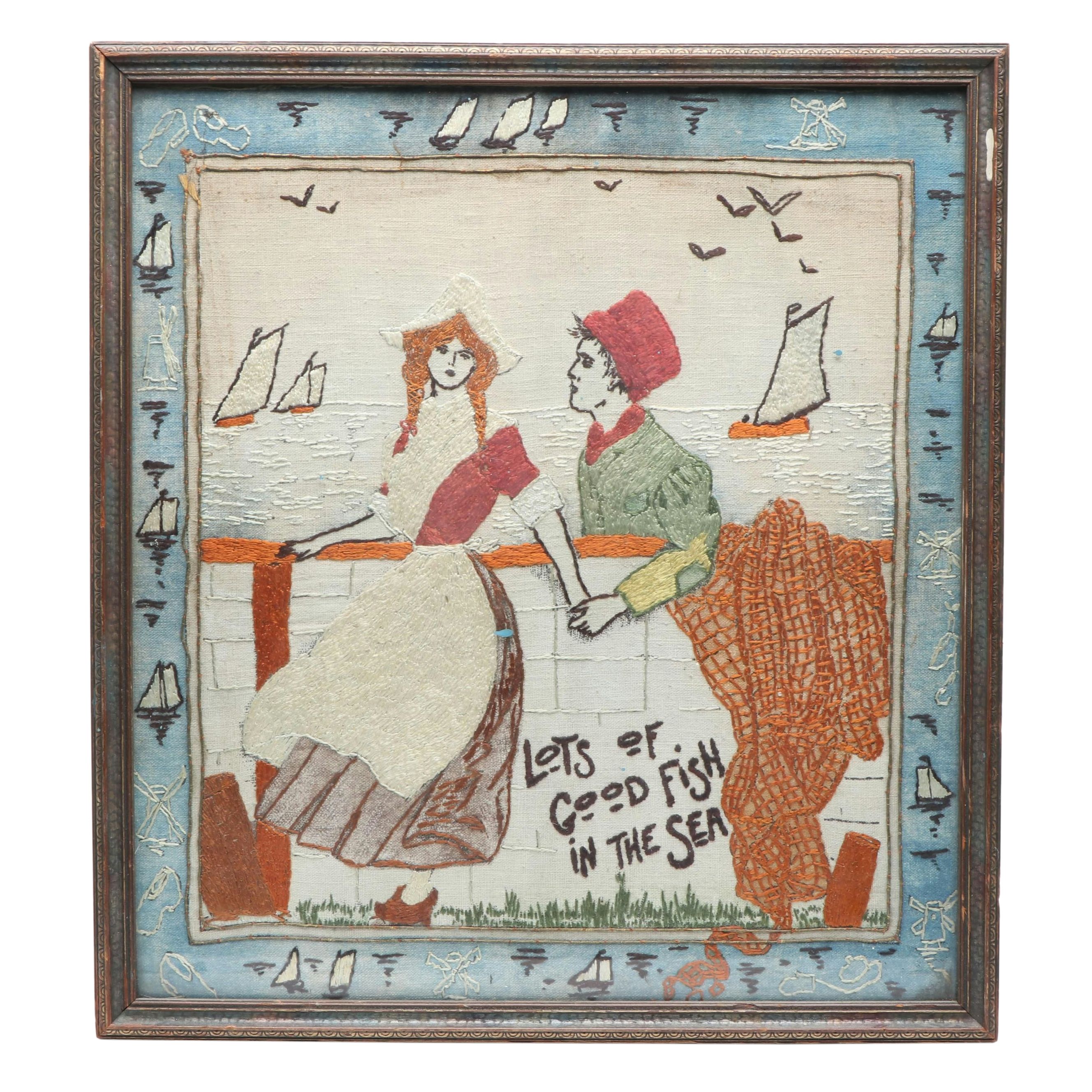 Handmade "Lots of Good Fish in the Sea" Satin Stitch Embroidery in Wood Frame