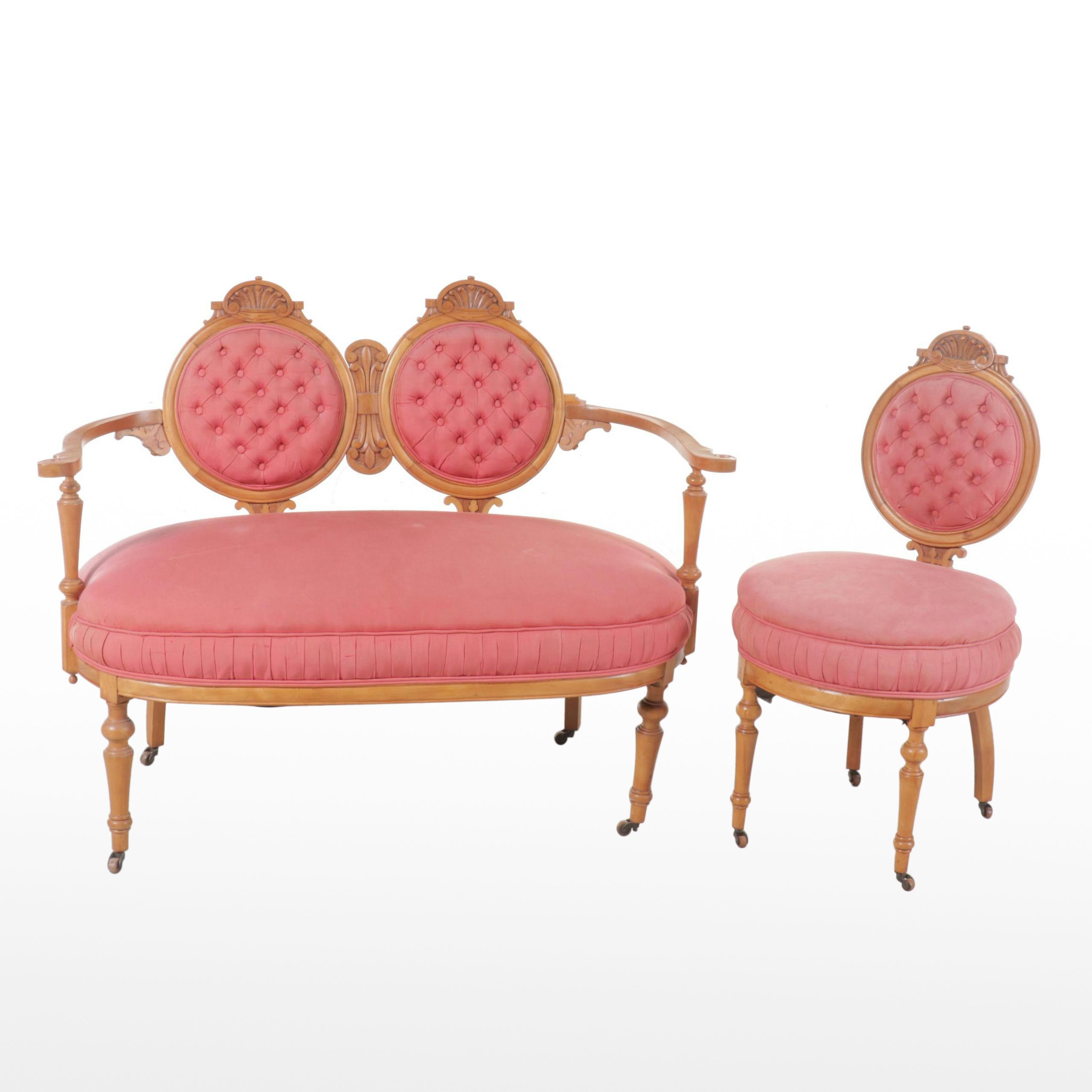 Victorian Rococo Revival Two Piece Upholstered Carved Wood Parlor Set