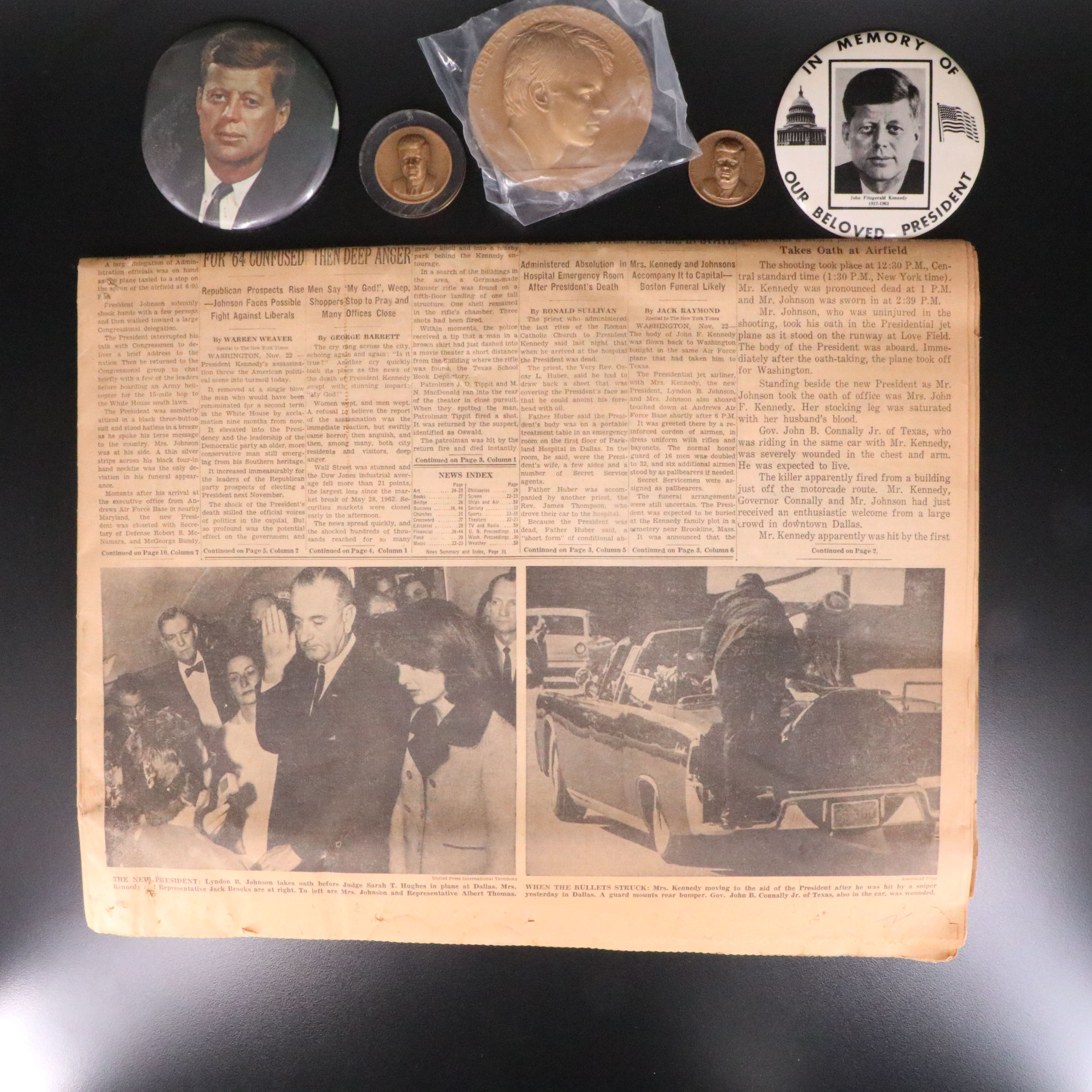 John F. Kennedy November 23, 1963 New York Times, Commemorative Medals and More
