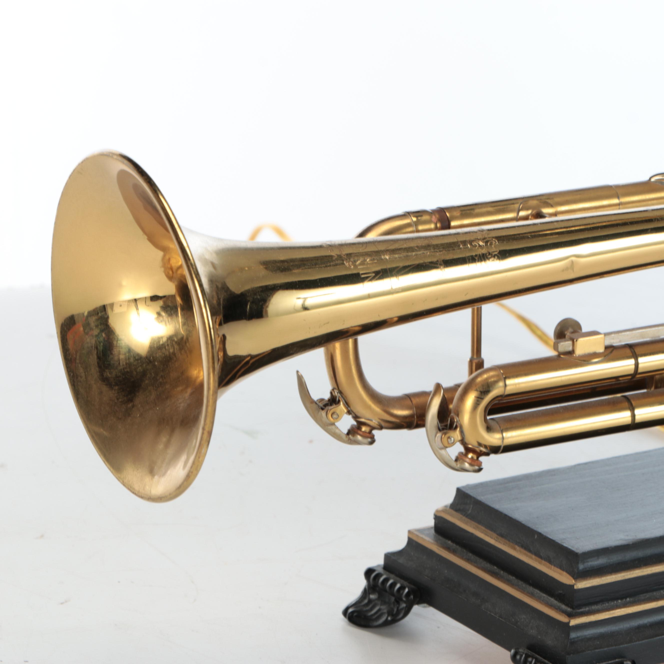 Brass Conn Trumpet Custom Table Lamp with Black Rectangular Drum Shade
