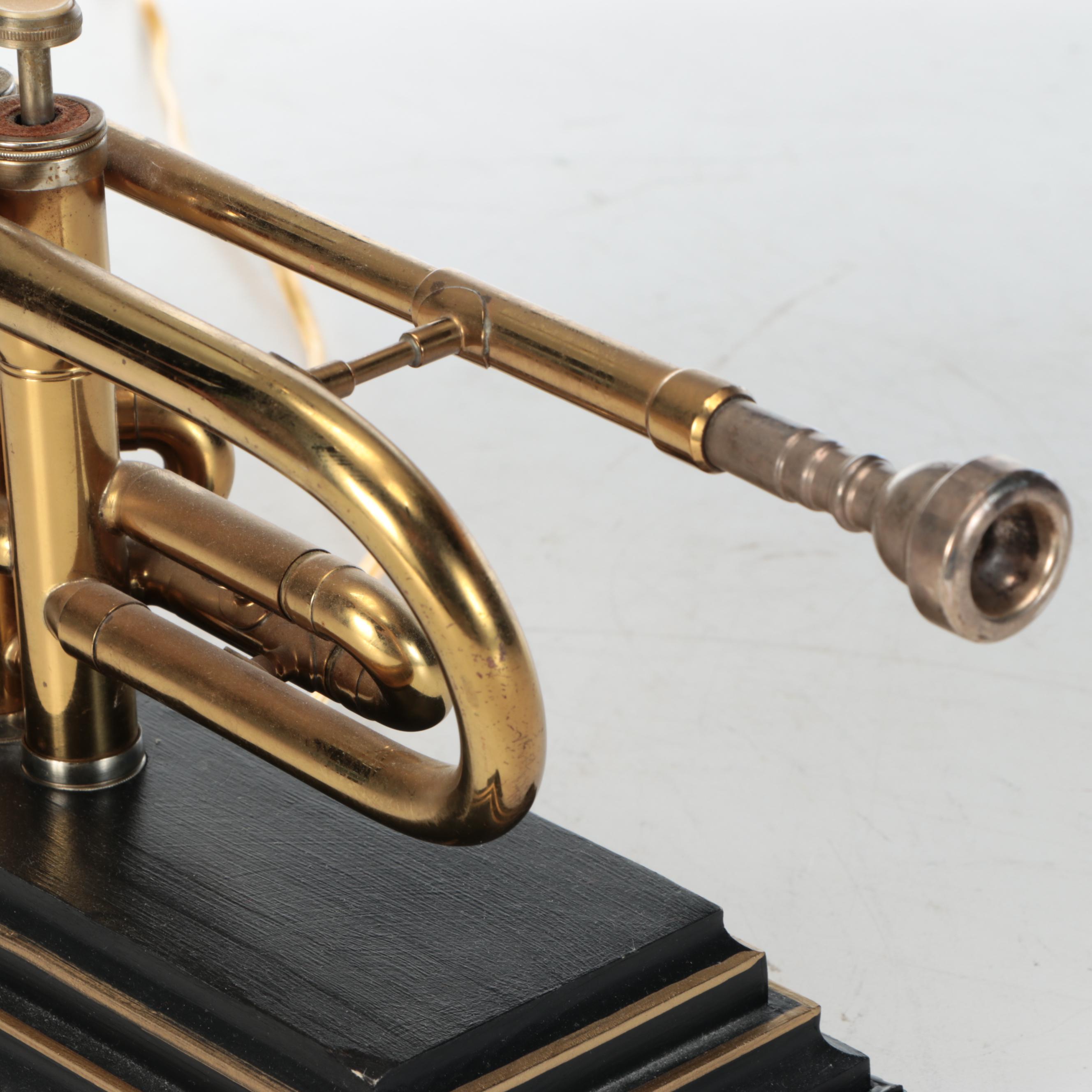 Brass Conn Trumpet Custom Table Lamp with Black Rectangular Drum Shade
