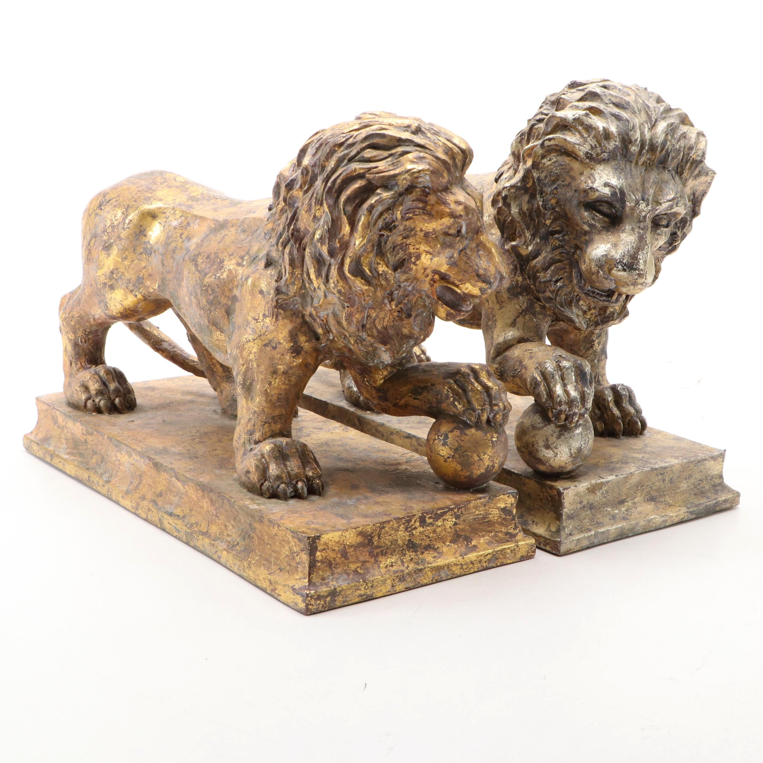 Silt Gilt and Gold Gilt on Resin Guardian Lion Bookends, Unmatched Pair