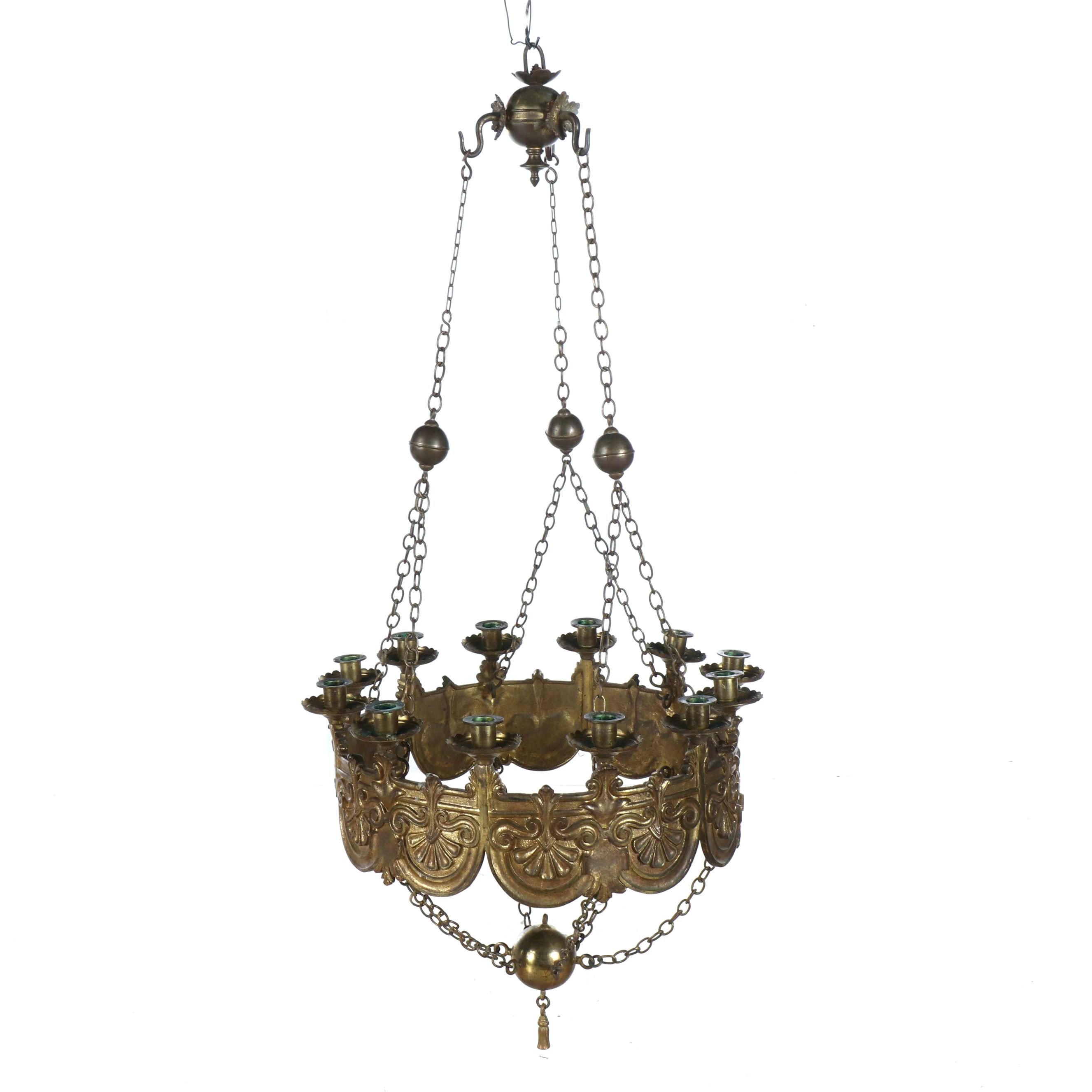 Brass Gothic Revival Church Sanctuary 12-Candle Chandelier