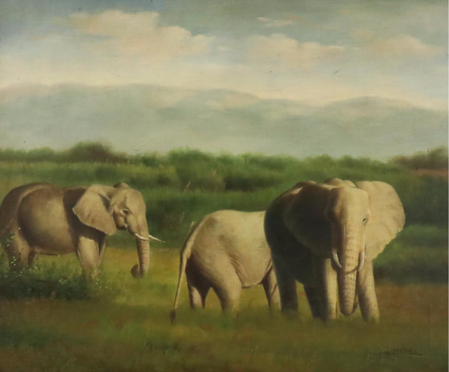G. Hansh Wildlife Acrylic Painting of Elephants in Landscape, 21st Century