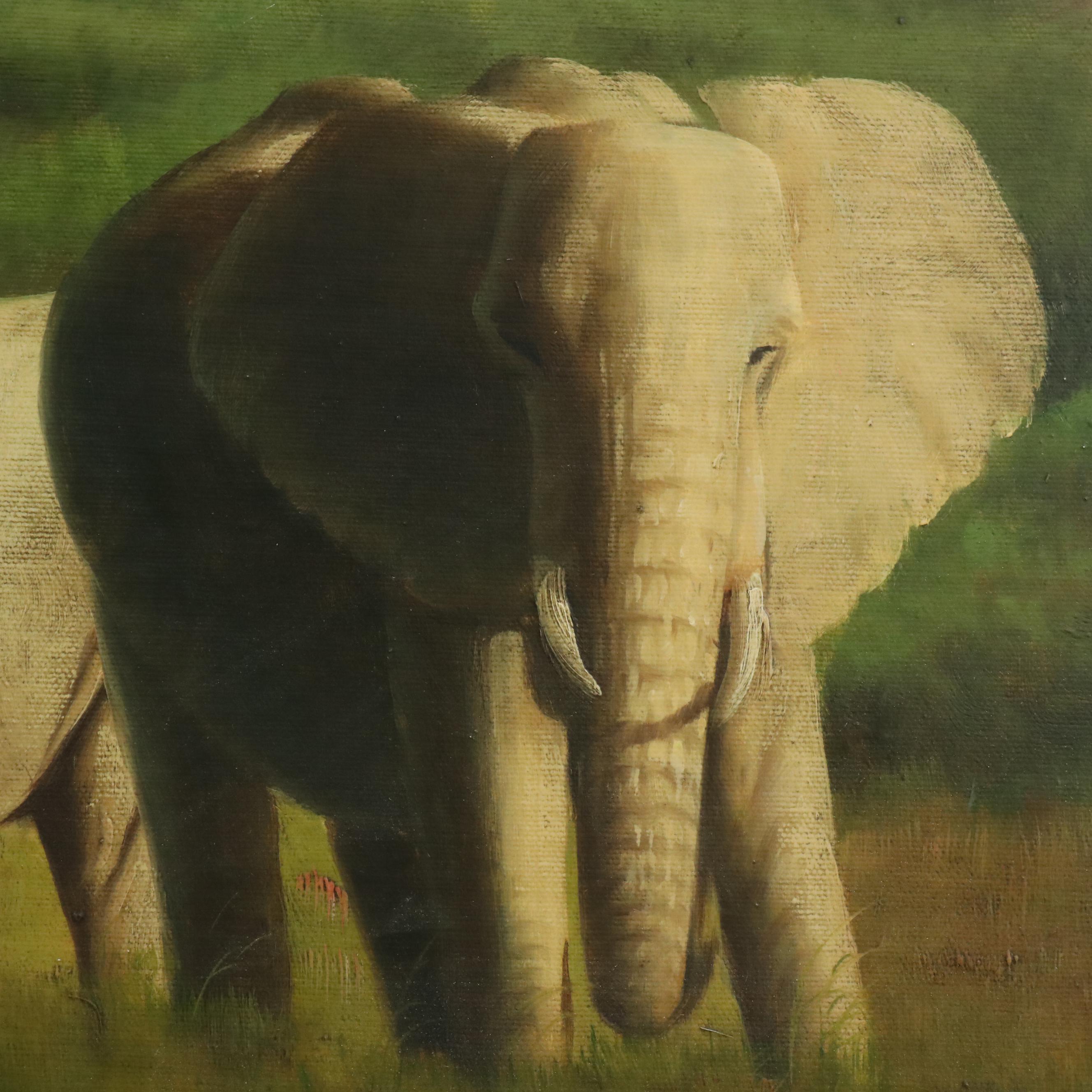 G. Hansh Wildlife Acrylic Painting of Elephants in Landscape, 21st Century