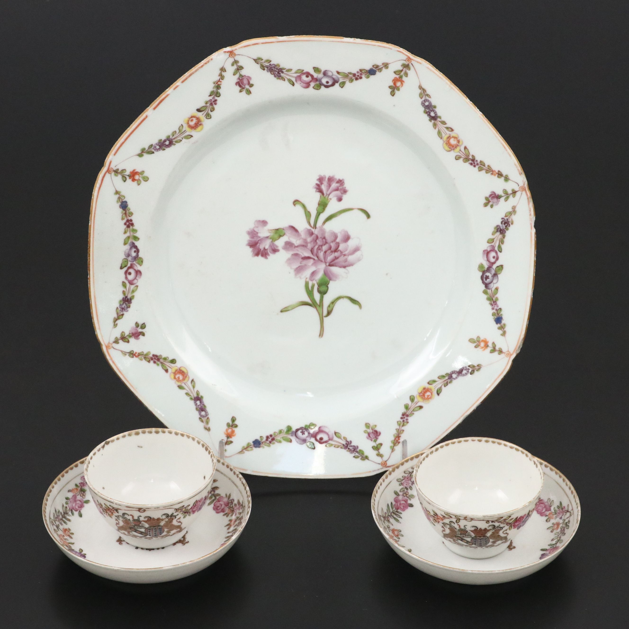 Antique Chinese Export Qianlong Period Porcelain Plate and Armorial Teacups