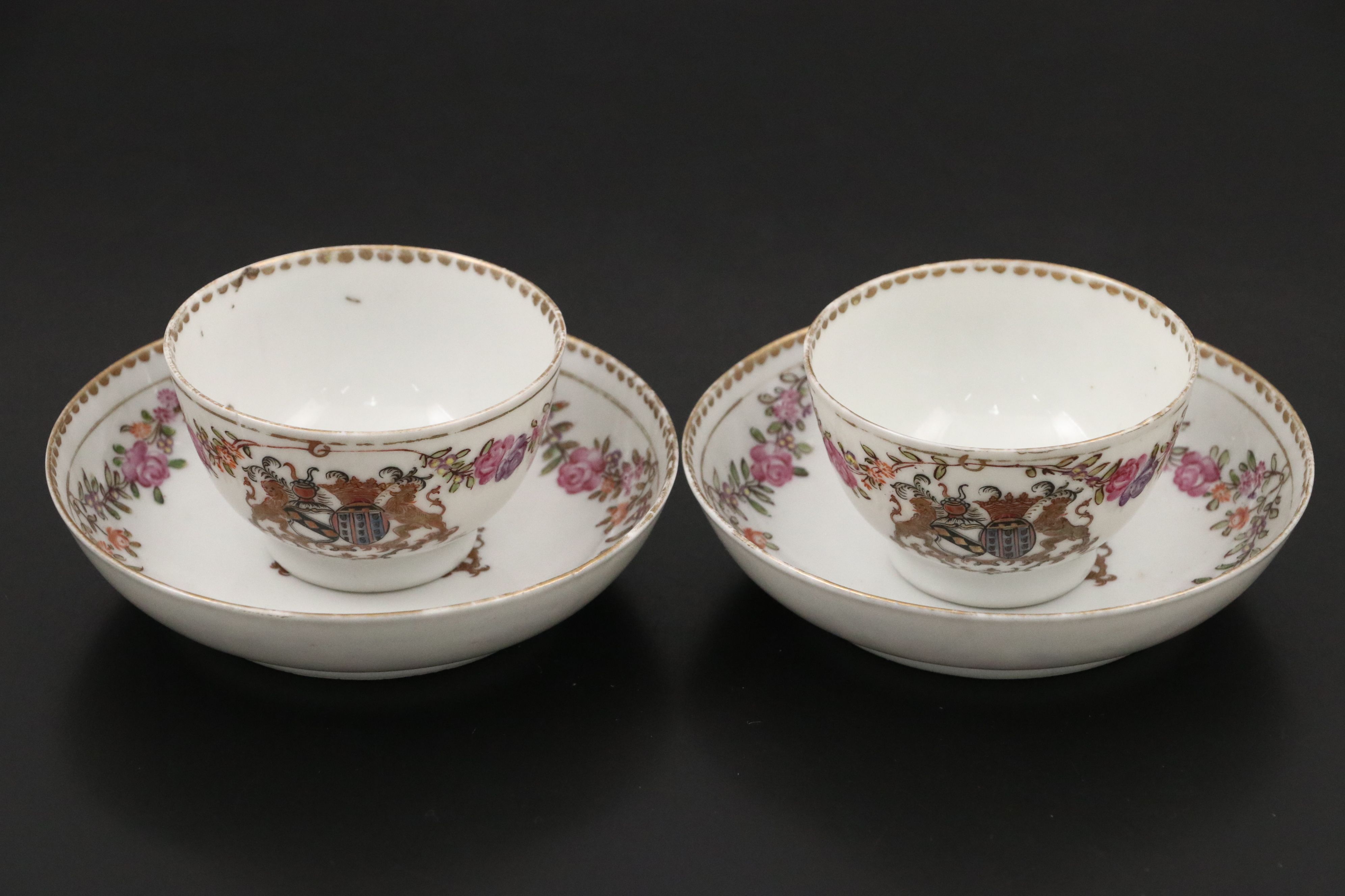 Antique Chinese Export Qianlong Period Porcelain Plate and Armorial Teacups