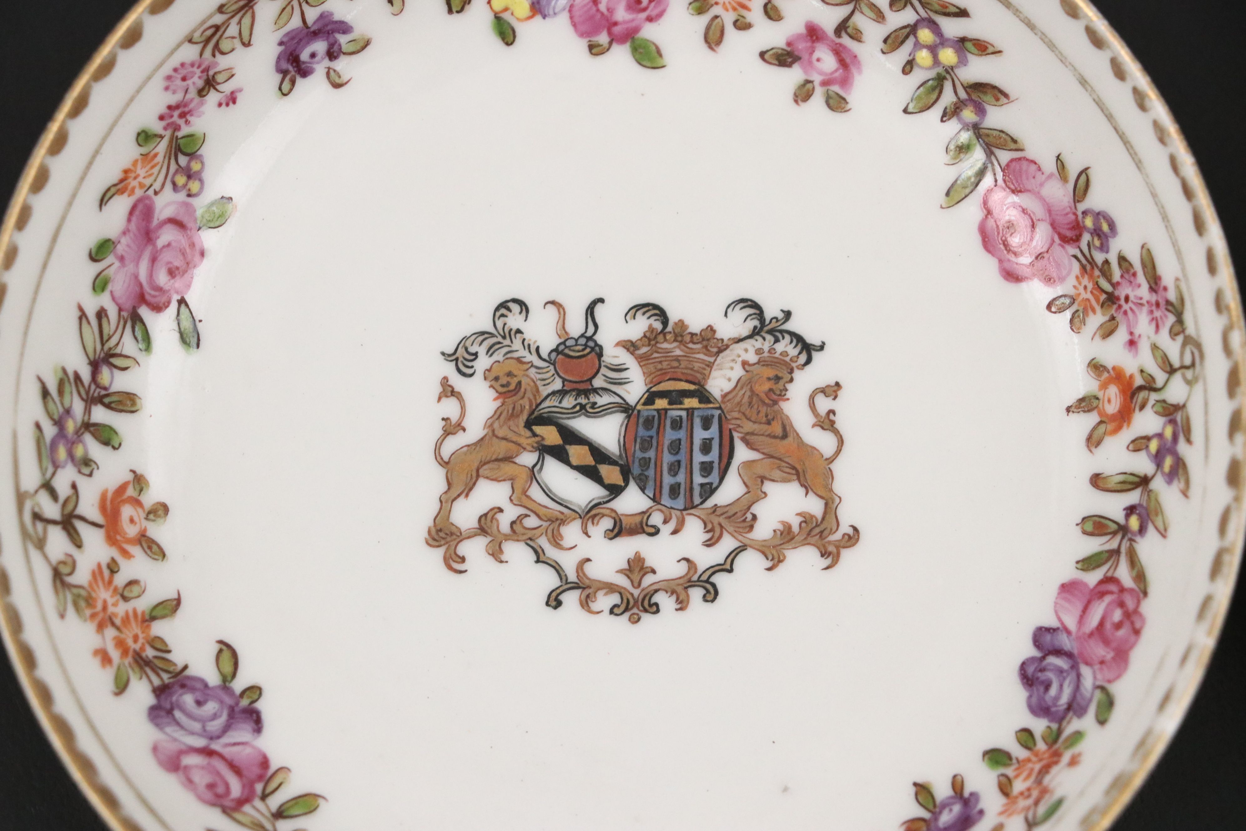 Antique Chinese Export Qianlong Period Porcelain Plate and Armorial Teacups