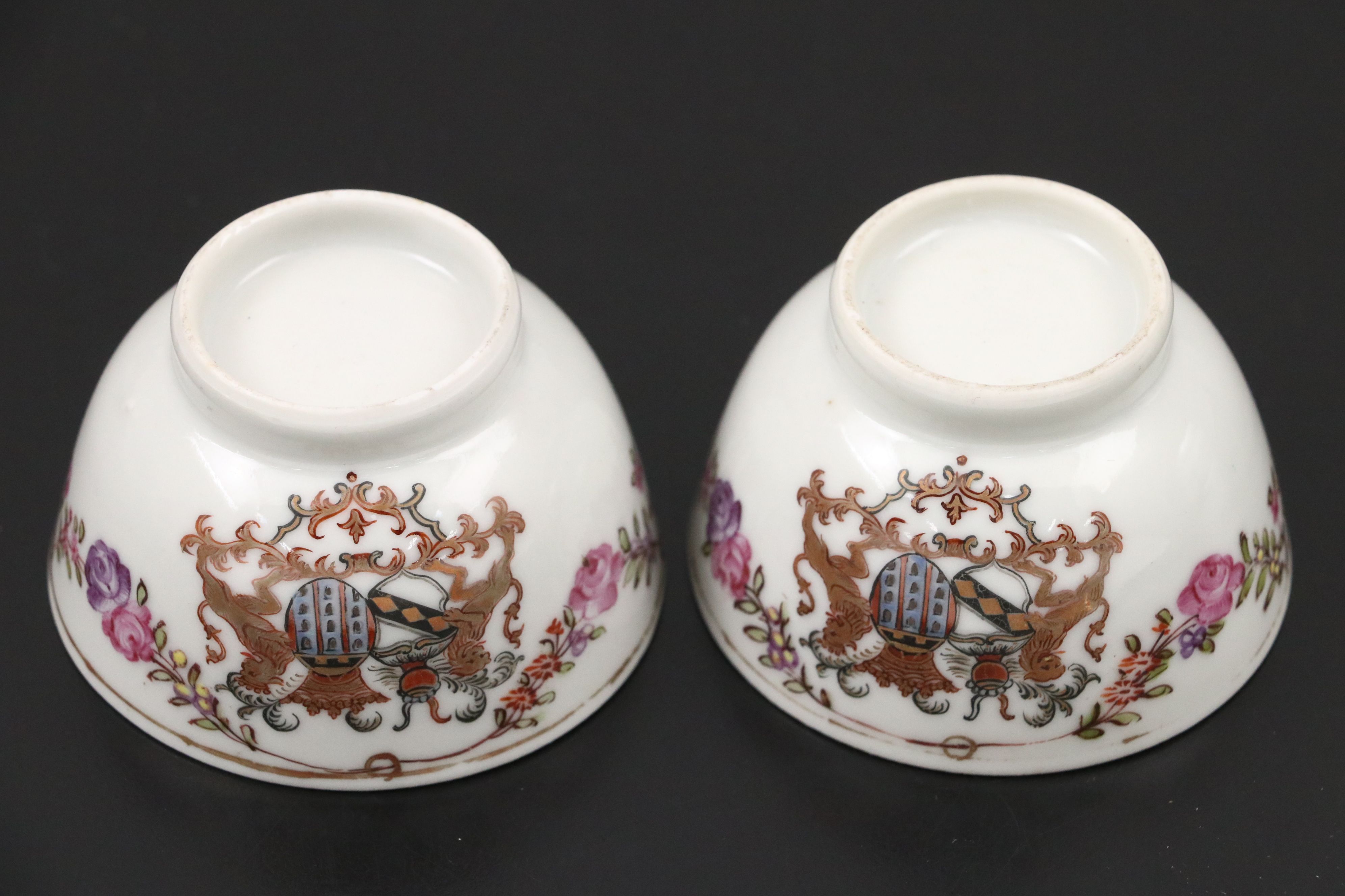 Antique Chinese Export Qianlong Period Porcelain Plate and Armorial Teacups
