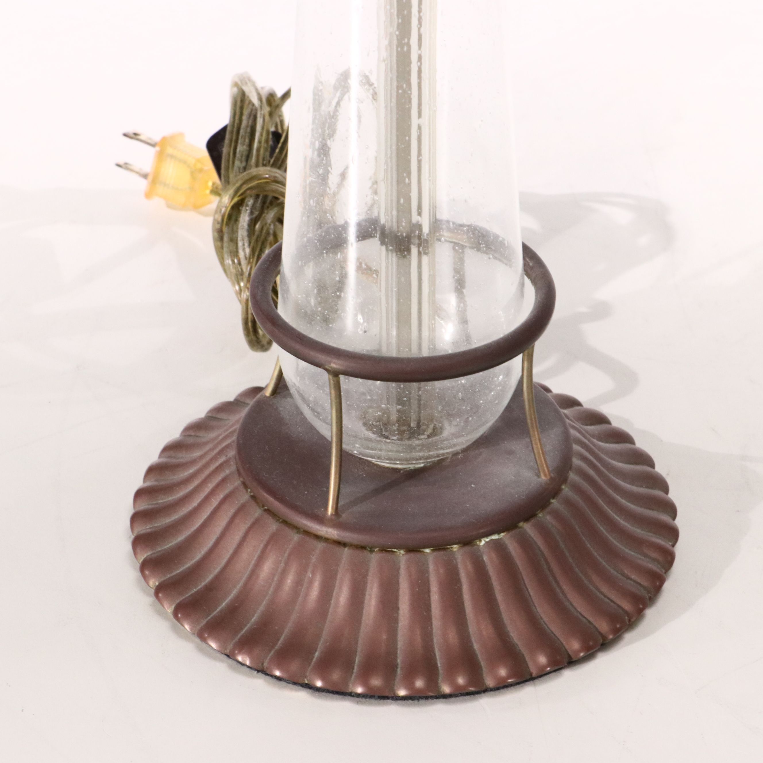 E. F. Chapman Bronzed Metal & Seed Glass Table Lamps with Coolie Shades, 1988