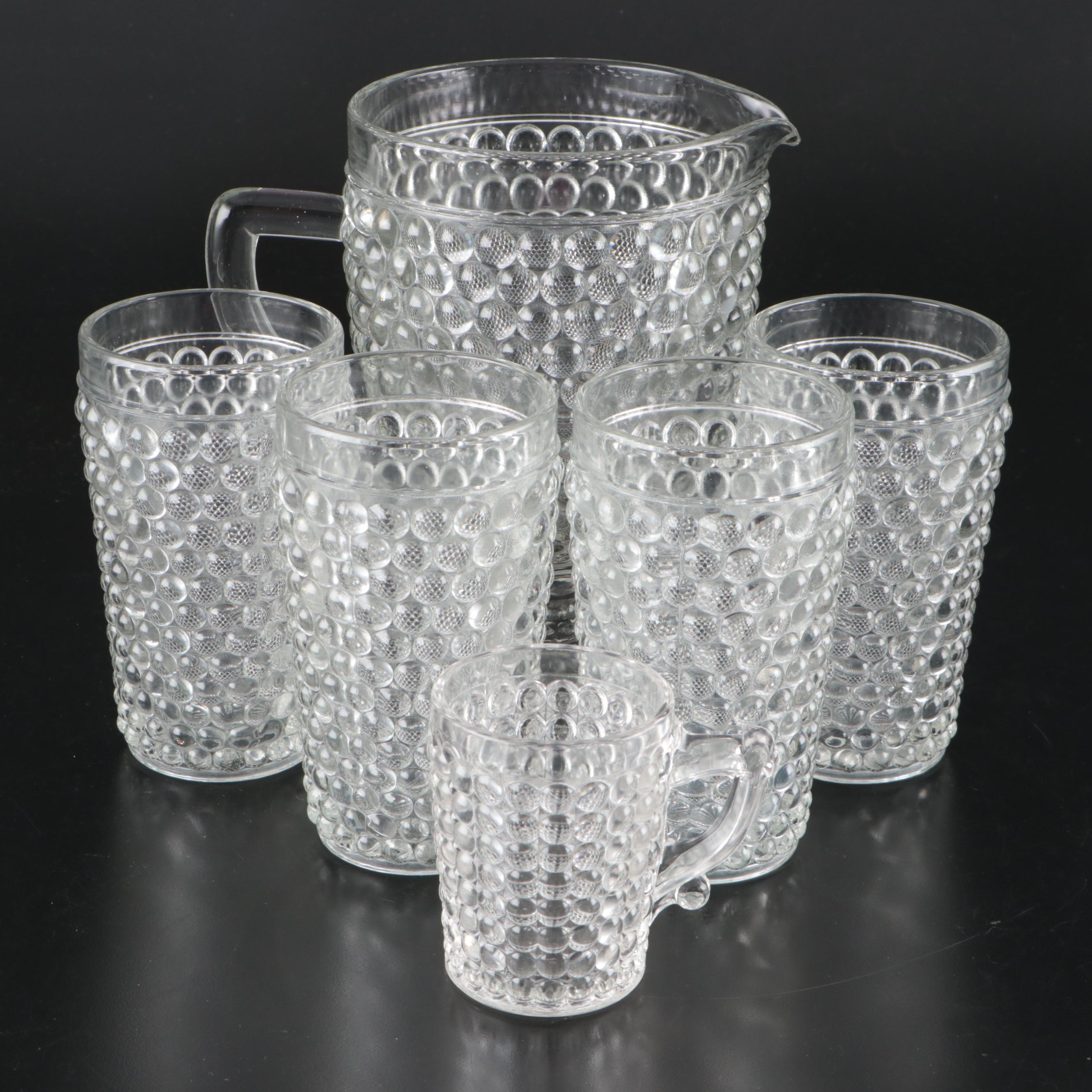 Hobnail Clear Glass Footed Pitcher, Cups and Tumblers