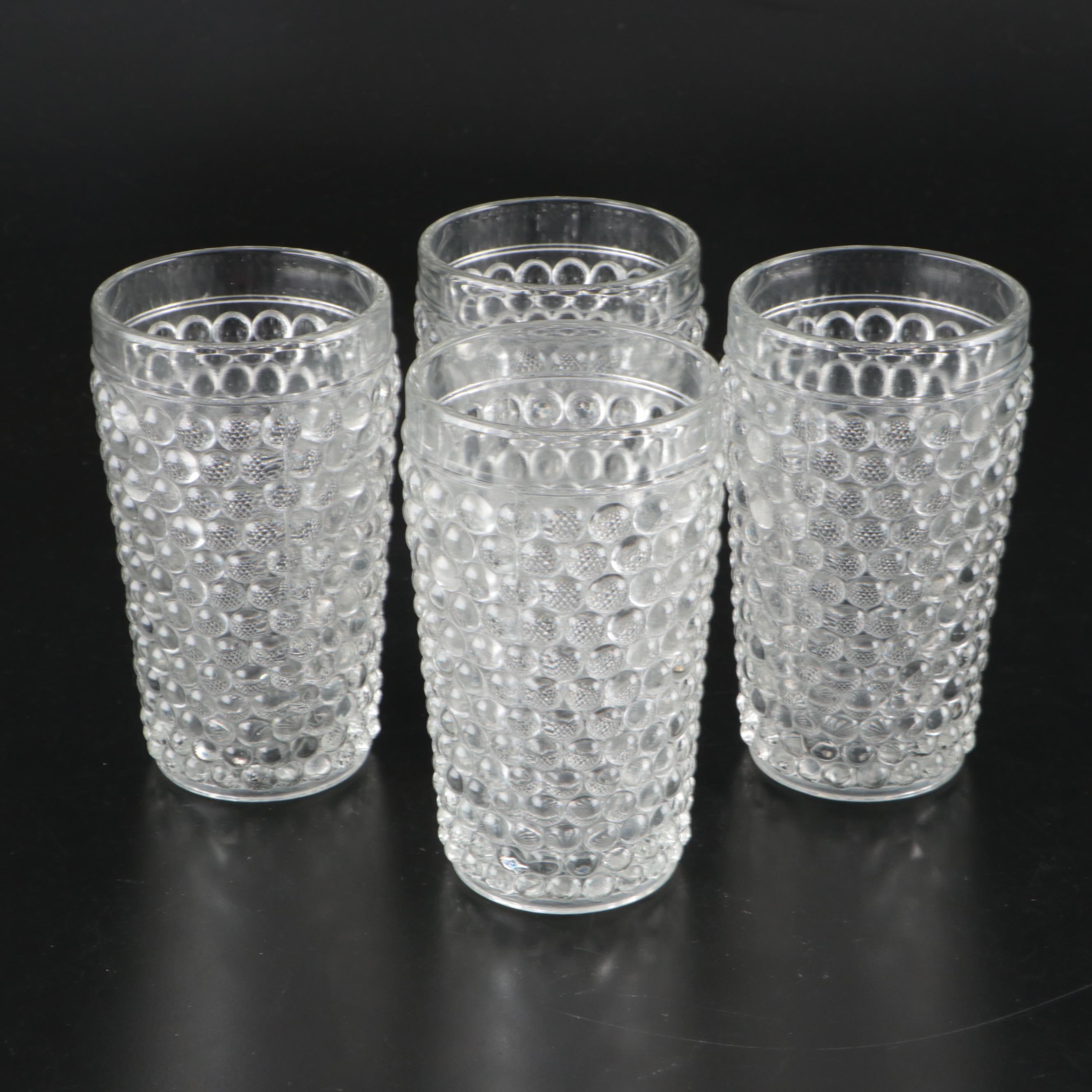 Hobnail Clear Glass Footed Pitcher, Cups and Tumblers
