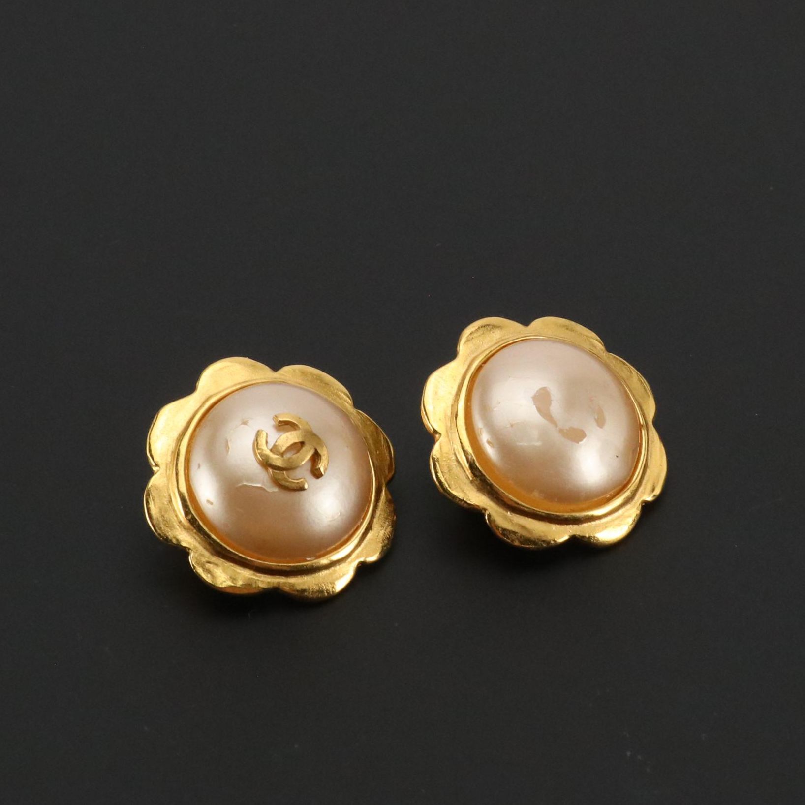 Chanel CC Imitation Pearl Clip Earrings