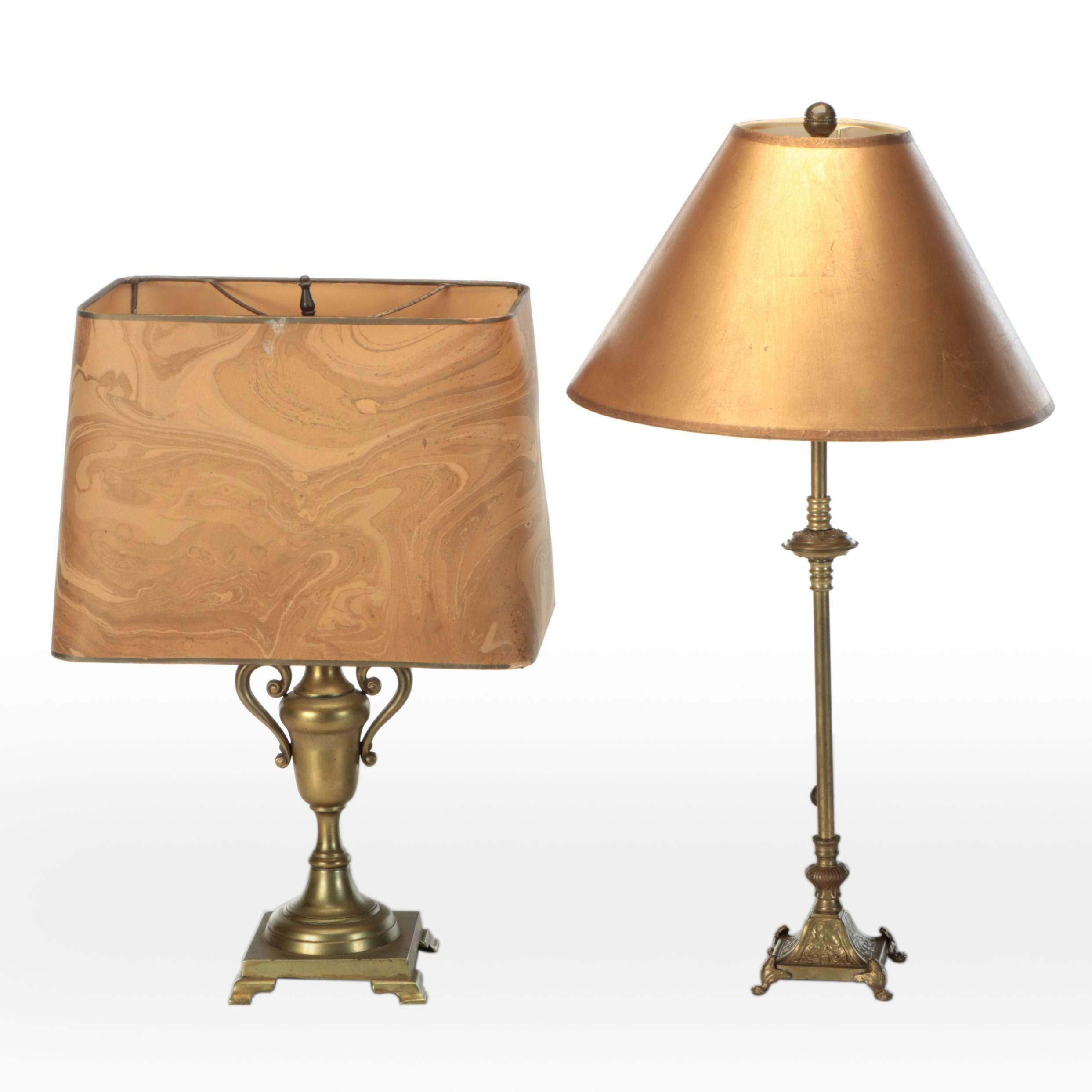 Brass Trophy Urn and Candlestick Table Lamps with Marbled, Metallic Paper Shades