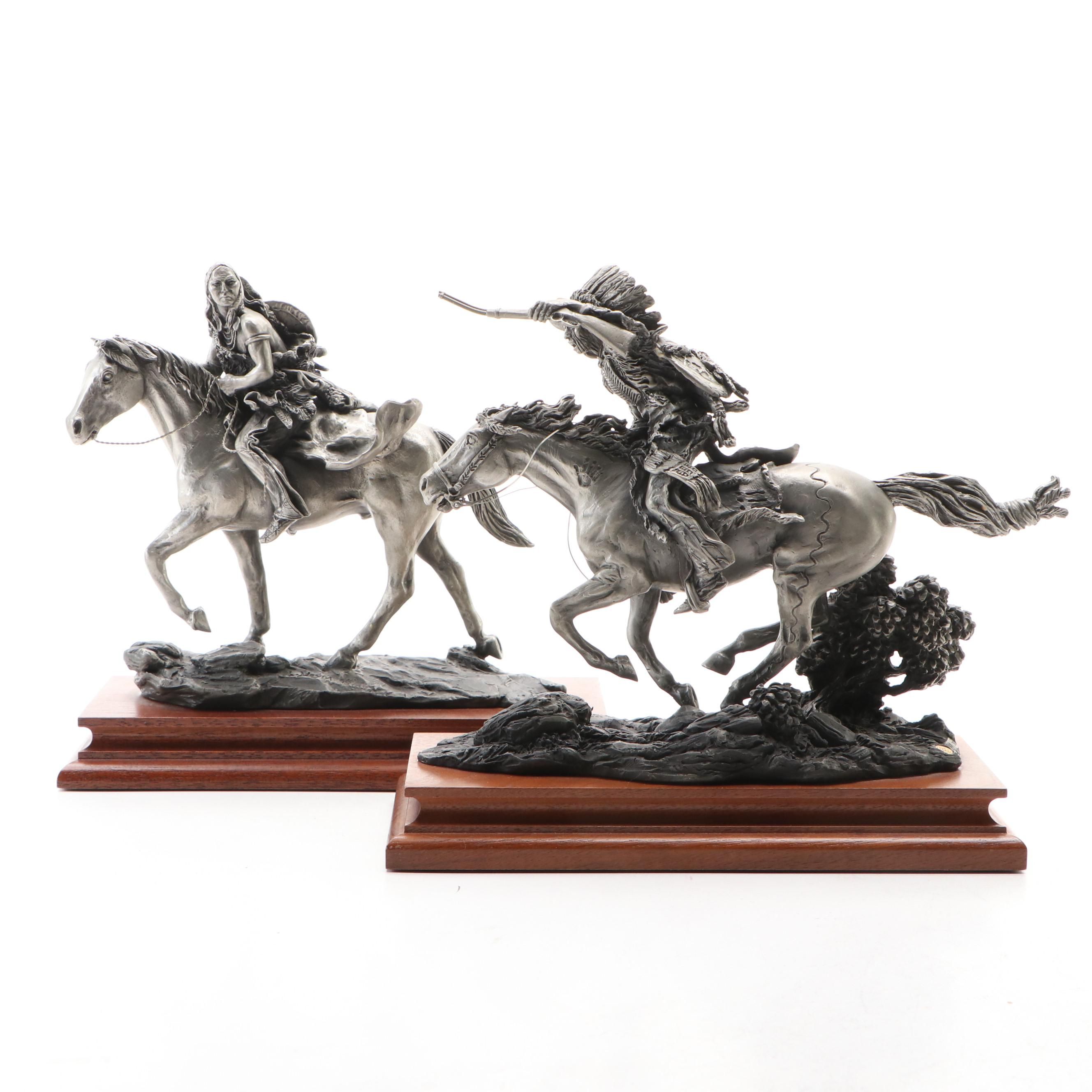 Chilmark Pewter Lawrence Heyda Native American Figurines Mounted on Wooden Bases