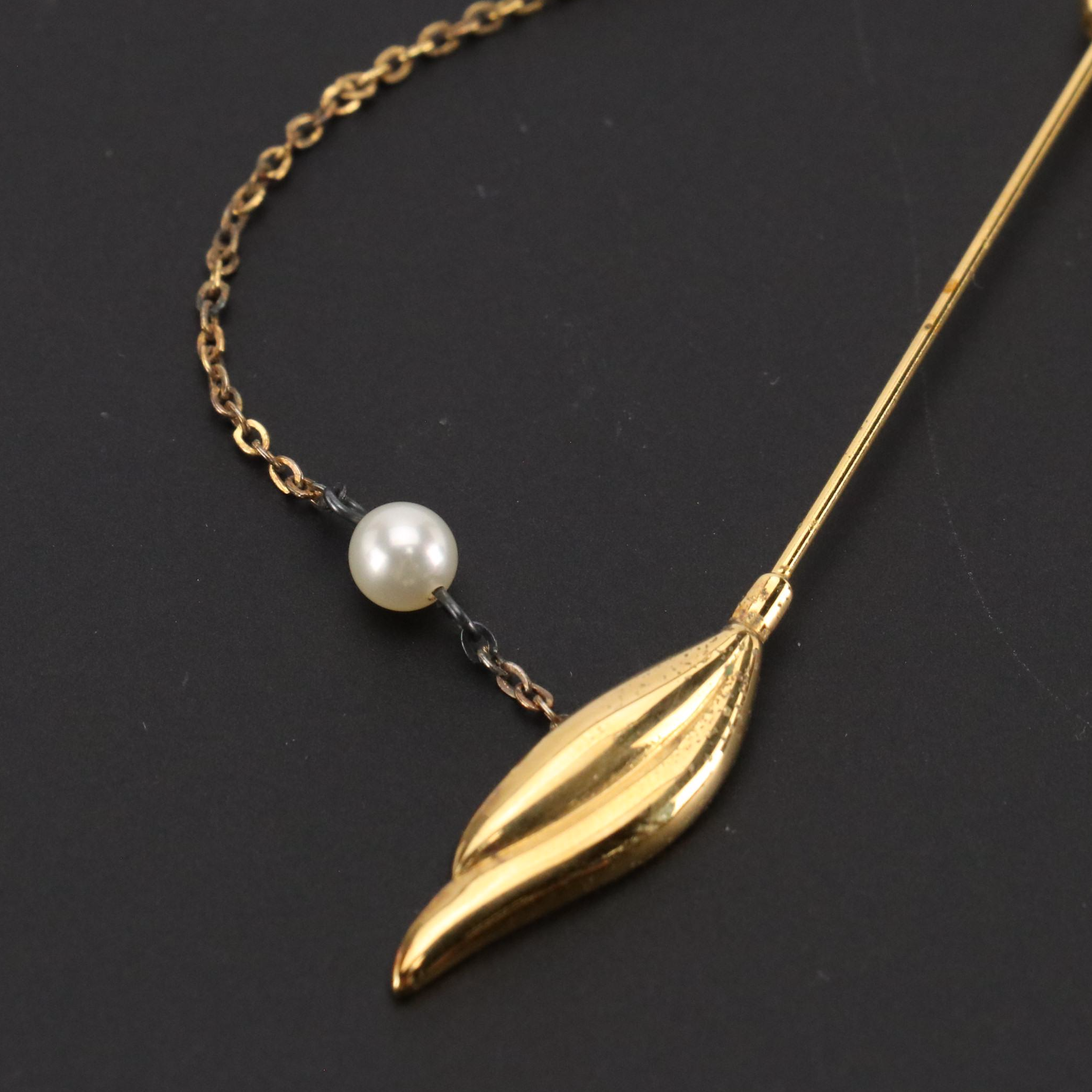 Mikimoto Sterling Single Pearl Feather Stickpin