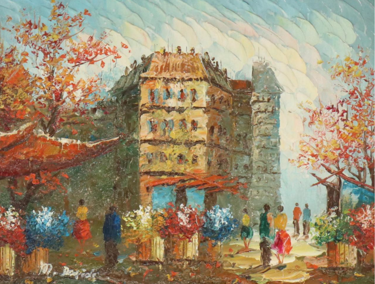M. Davids Impressionist Style Impasto Oil Painting of European Street Scene