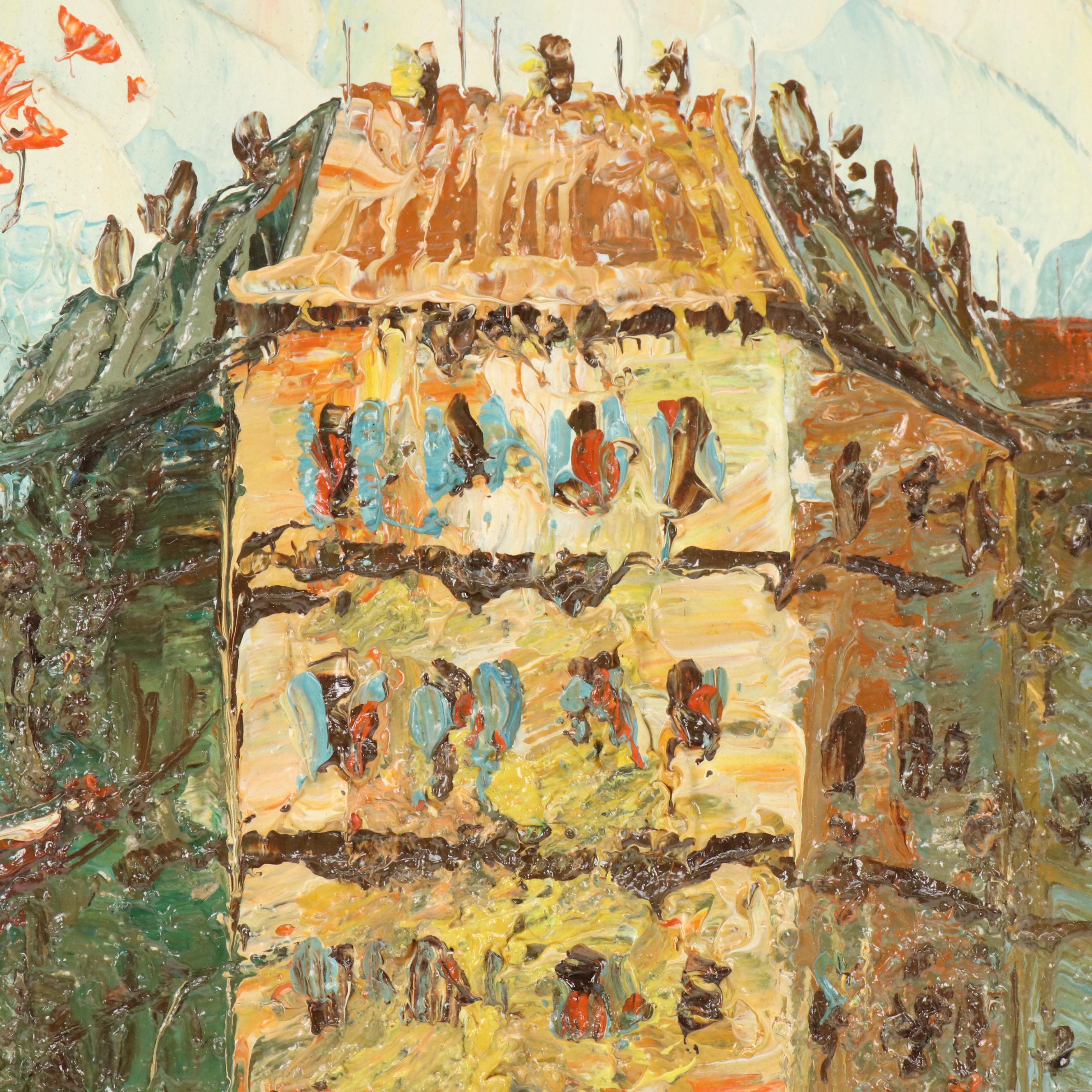 M. Davids Impressionist Style Impasto Oil Painting of European Street Scene