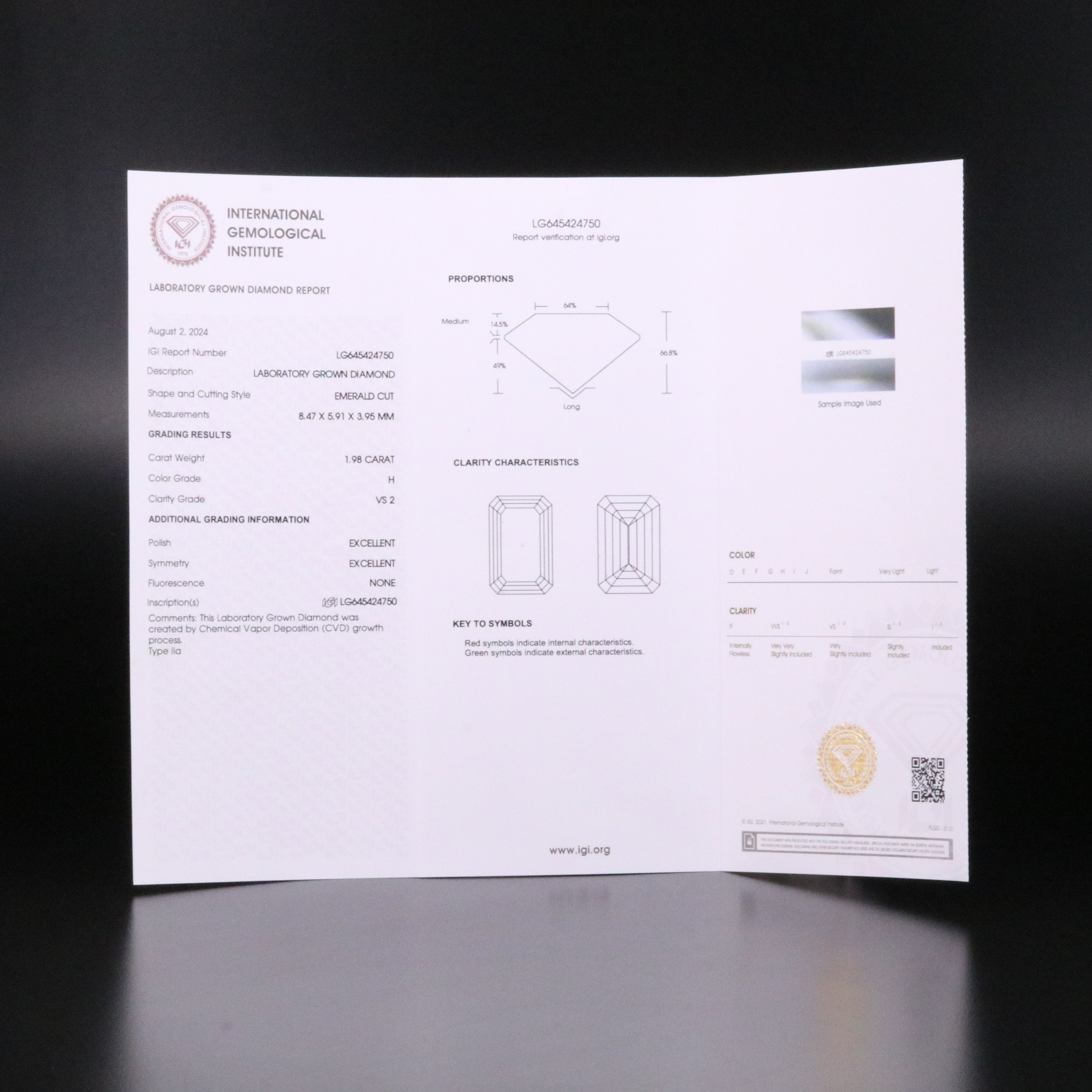 Loose 1.98 CT Lab Grown Diamond with IGI Report