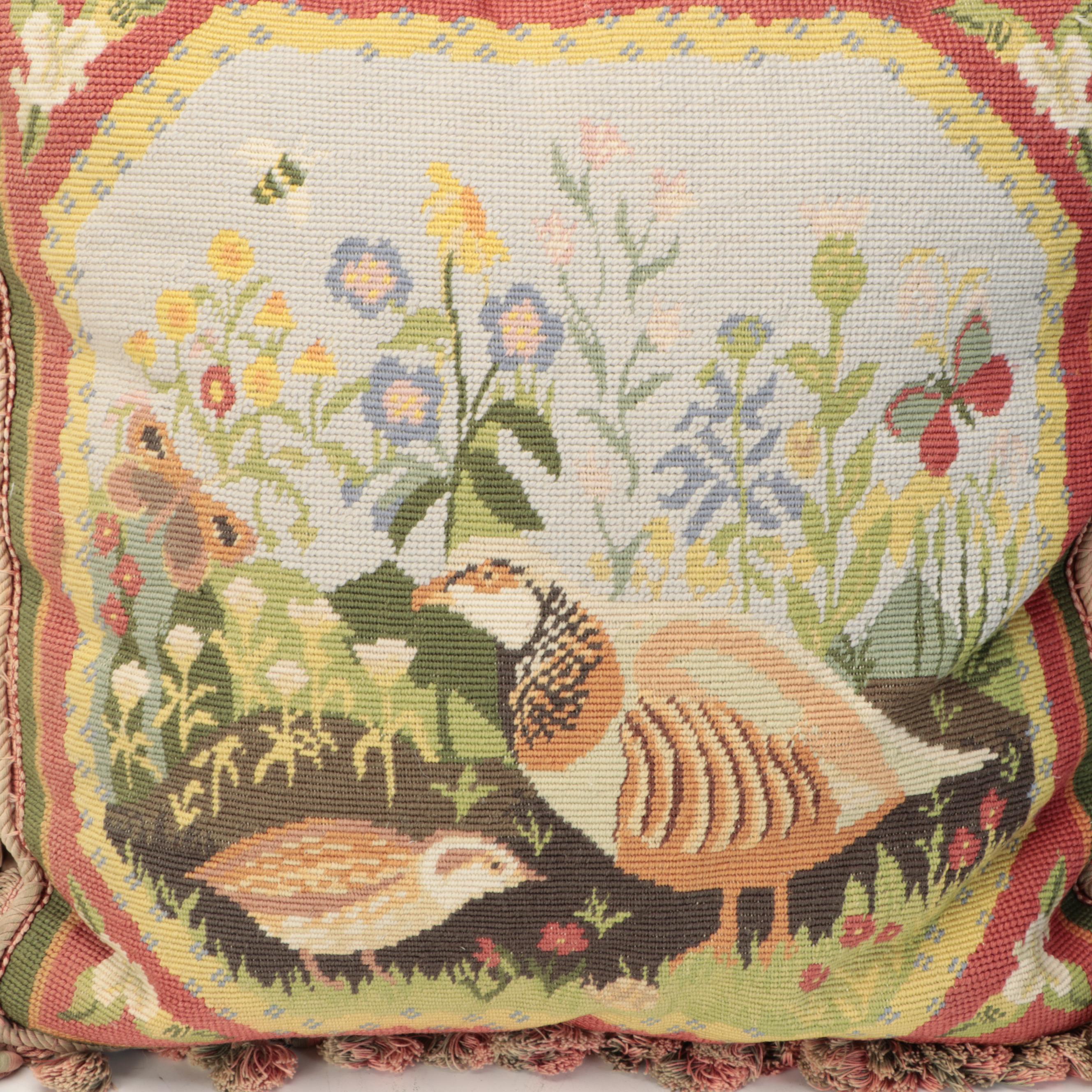 Needlepoint Tasseled Fox and Quail Accent Pillows
