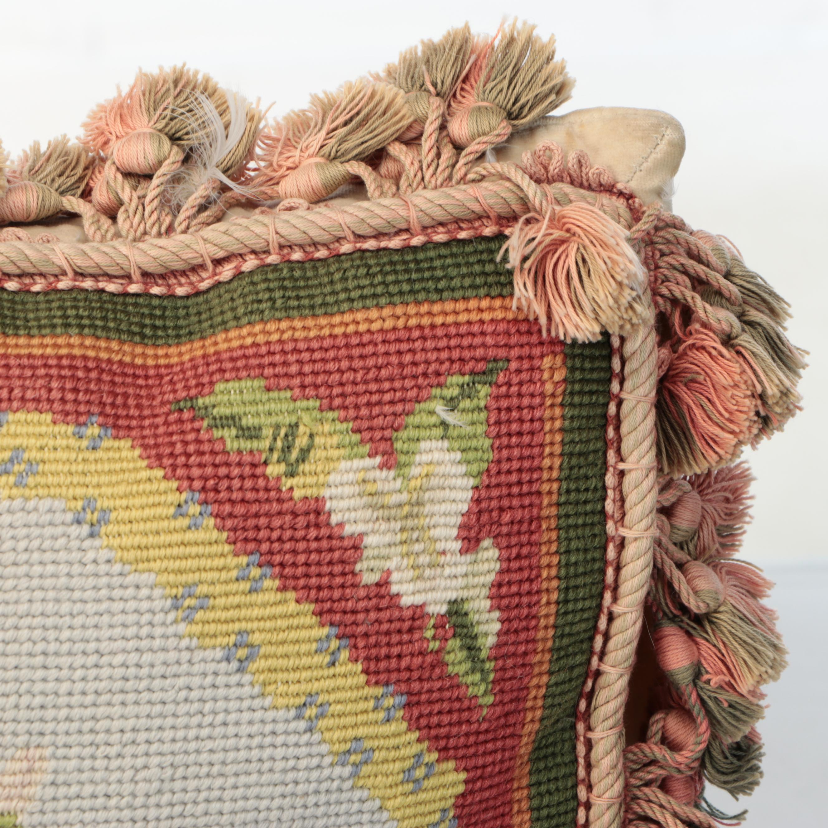 Needlepoint Tasseled Fox and Quail Accent Pillows