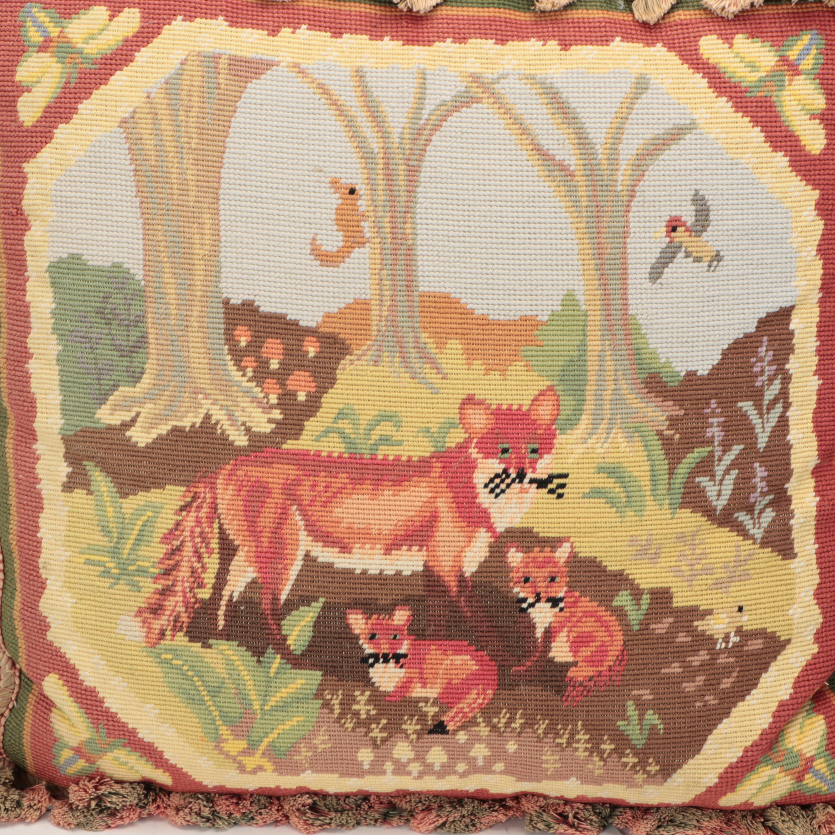 Needlepoint Tasseled Fox and Quail Accent Pillows