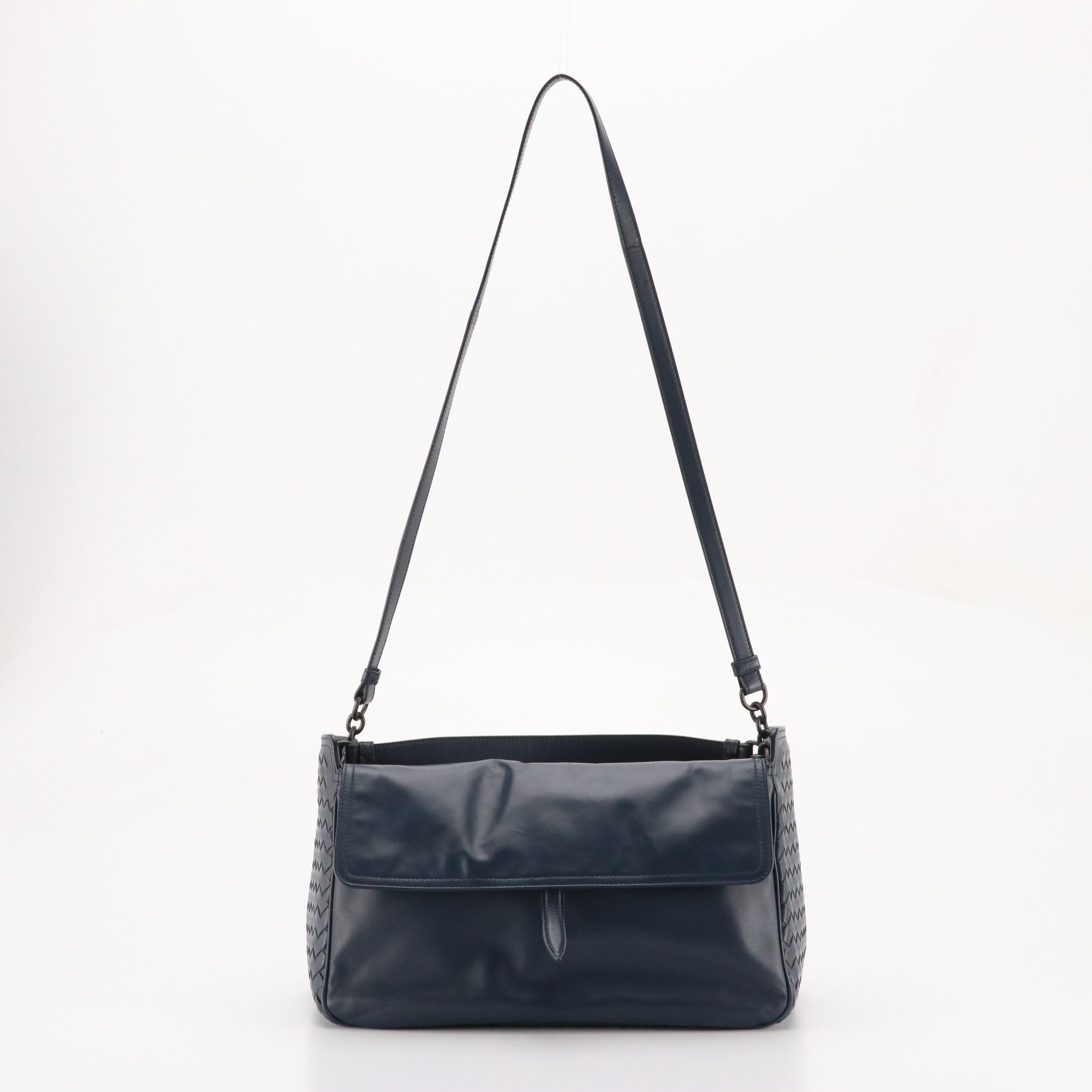 Bottega Veneta Two-Way Satchel in Smooth Navy Leather with Intrecciato Accents