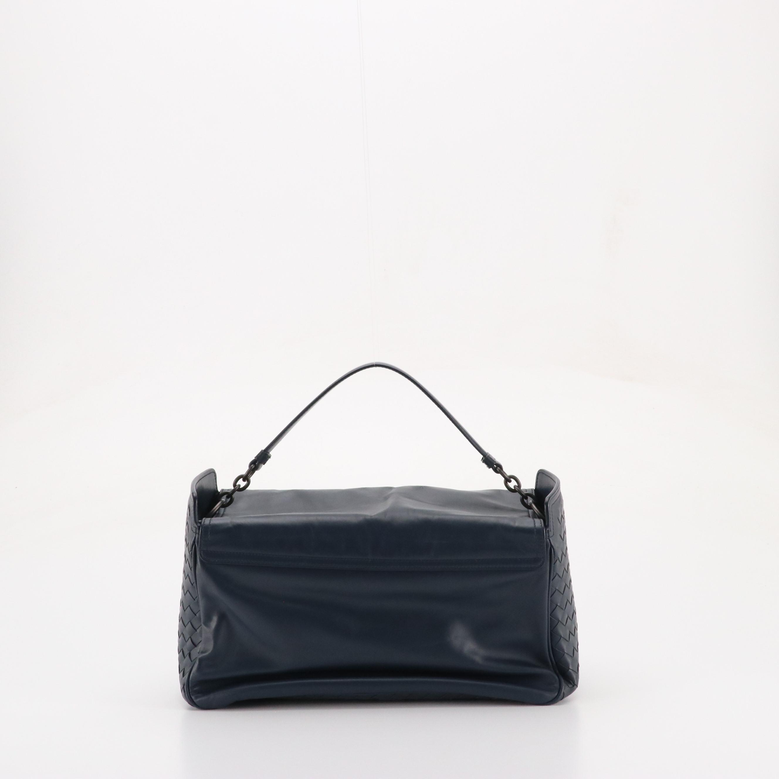 Bottega Veneta Two-Way Satchel in Smooth Navy Leather with Intrecciato Accents