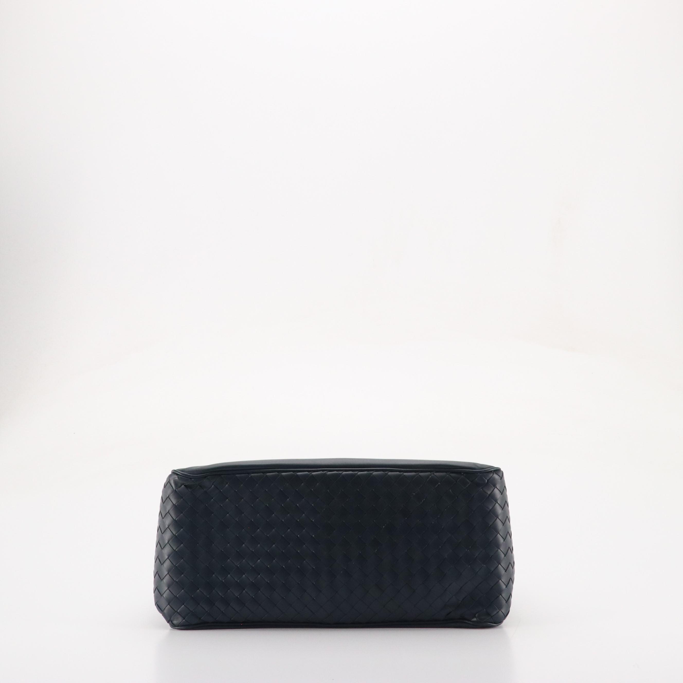 Bottega Veneta Two-Way Satchel in Smooth Navy Leather with Intrecciato Accents