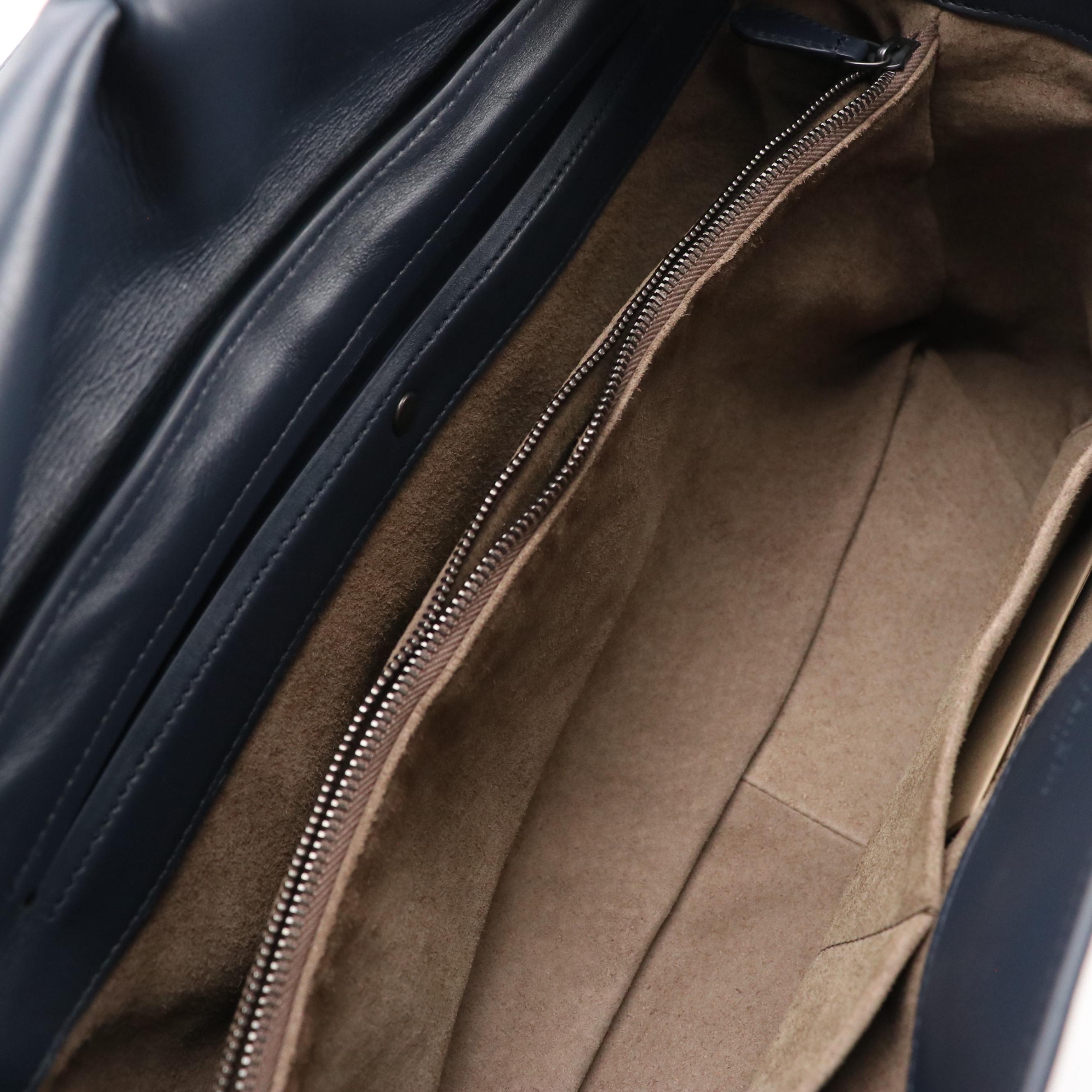 Bottega Veneta Two-Way Satchel in Smooth Navy Leather with Intrecciato Accents