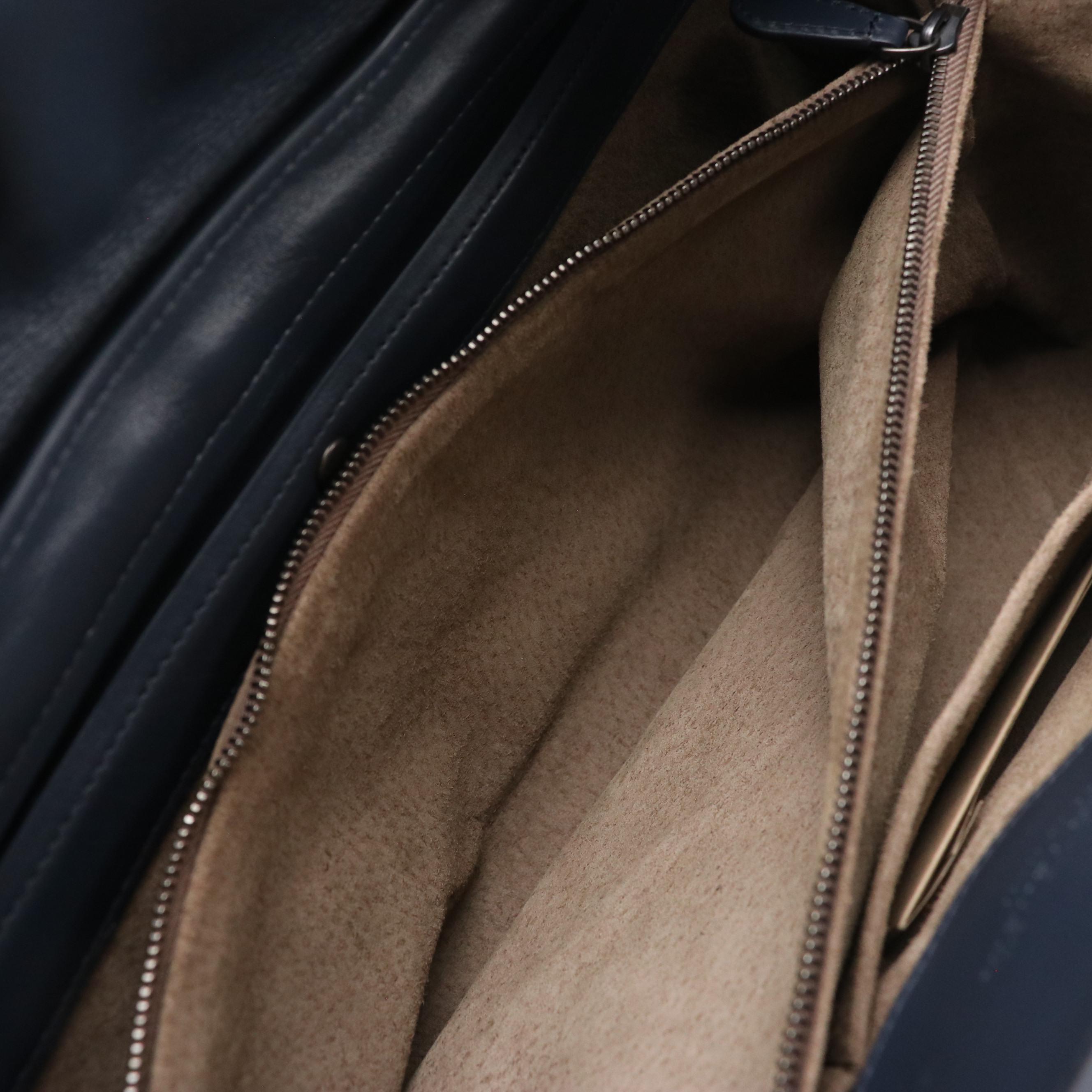 Bottega Veneta Two-Way Satchel in Smooth Navy Leather with Intrecciato Accents