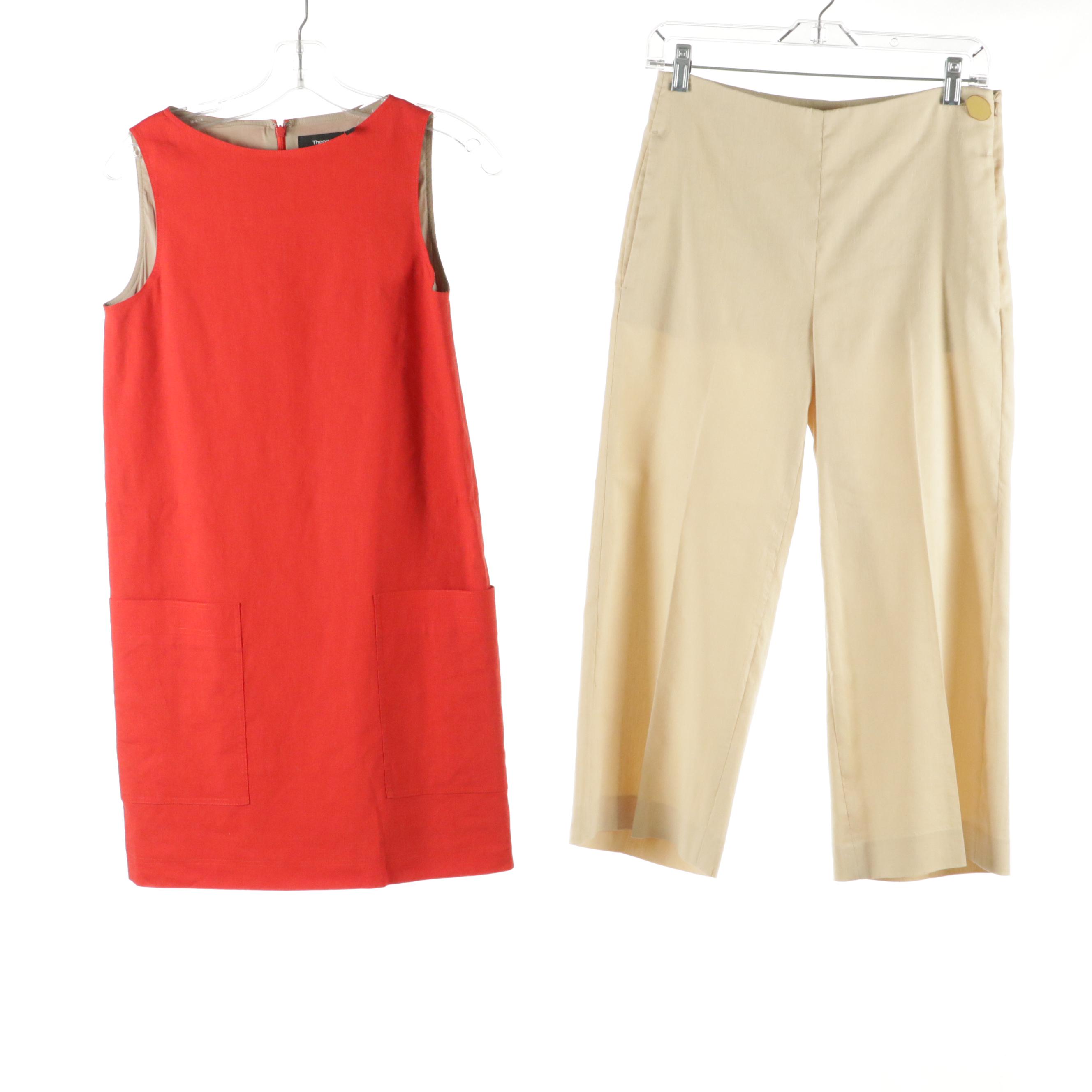 Theory Red Linen Shift Dress, Vince Beige Linen and Black Cotton Capris and More