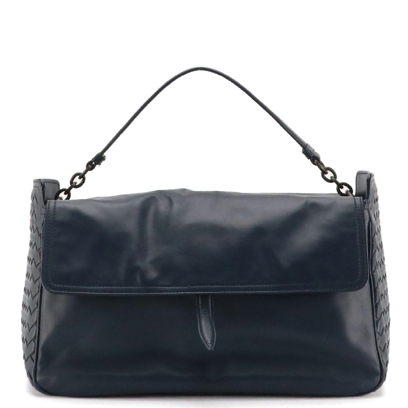 Bottega Veneta Two-Way Satchel in Smooth Navy Leather with Intrecciato Accents