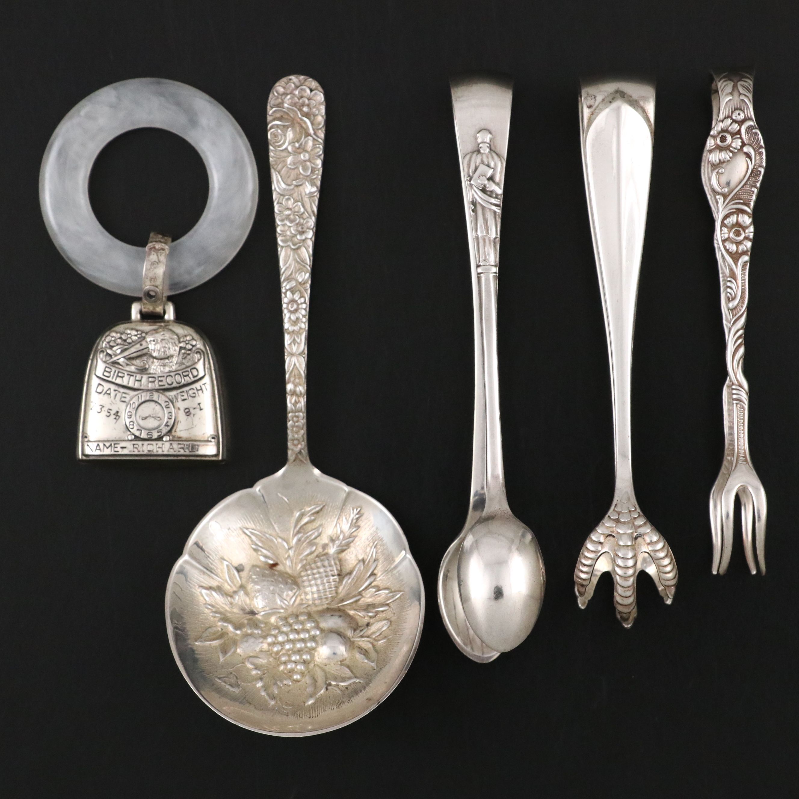 Vintage S. Kirk & Son Repoussé Sterling Berry Spoon w/ Sterling Rattle and Tongs