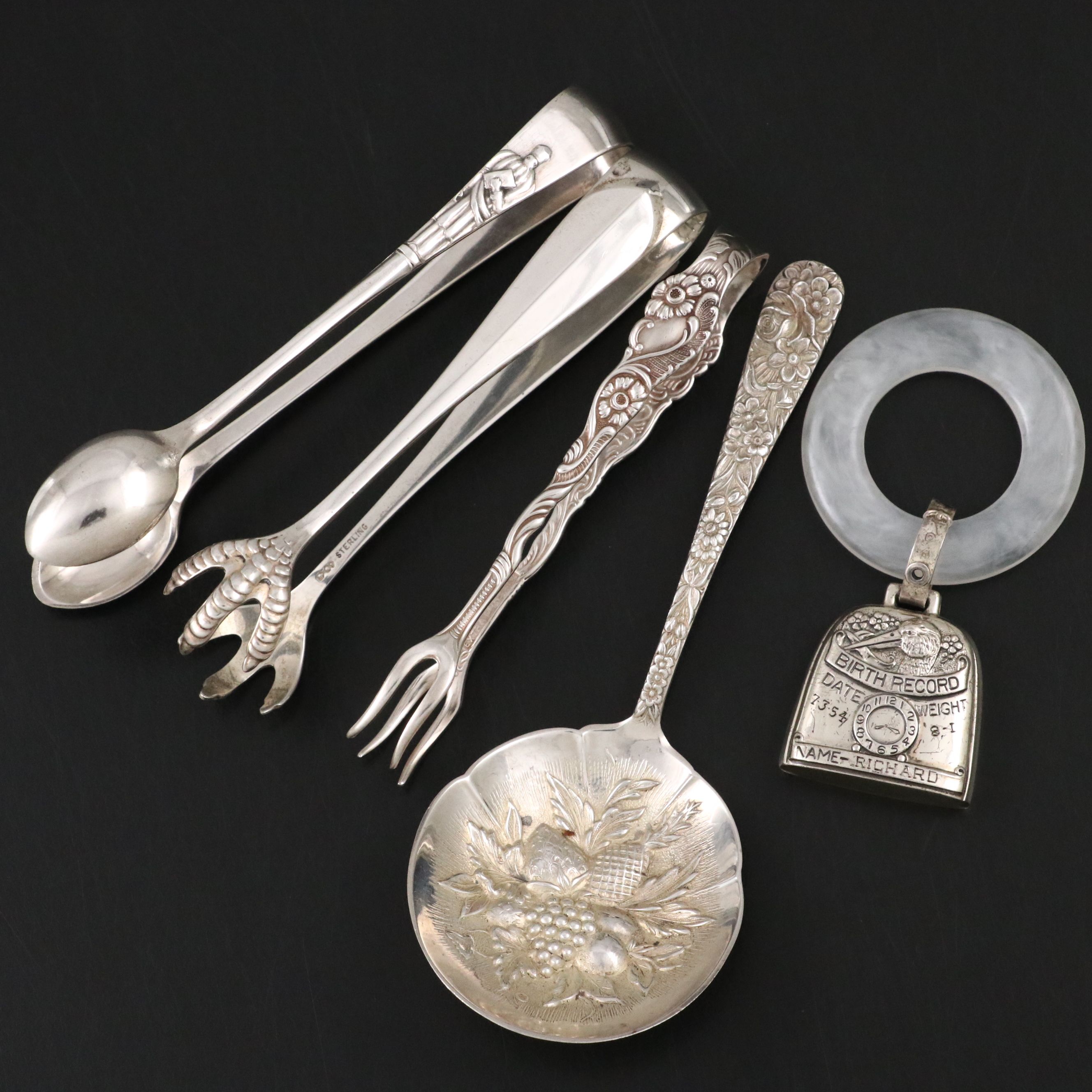 Vintage S. Kirk & Son Repoussé Sterling Berry Spoon w/ Sterling Rattle and Tongs